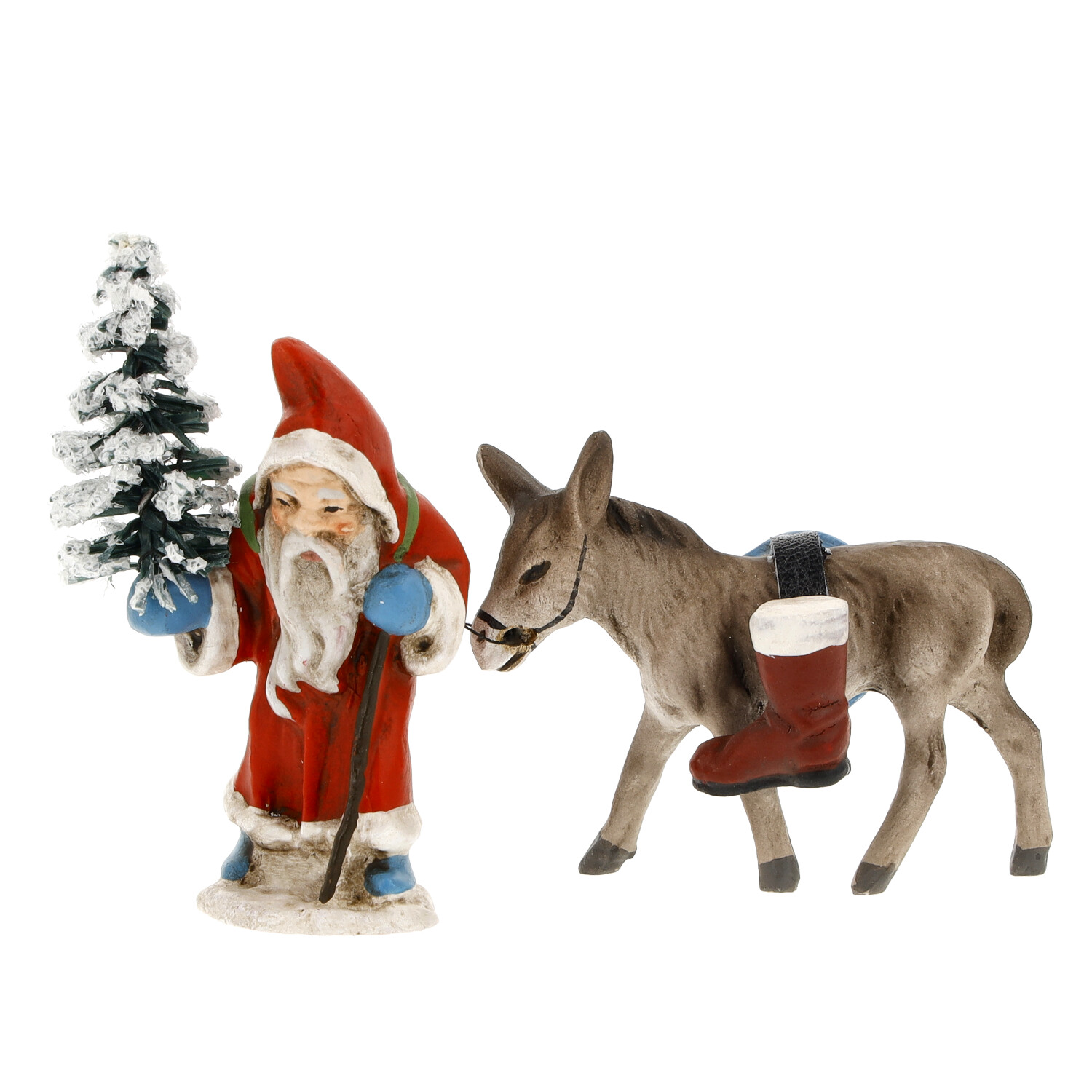 Weihnachtsfigur Nikolaus mit Esel, Tanne und Stiefel
