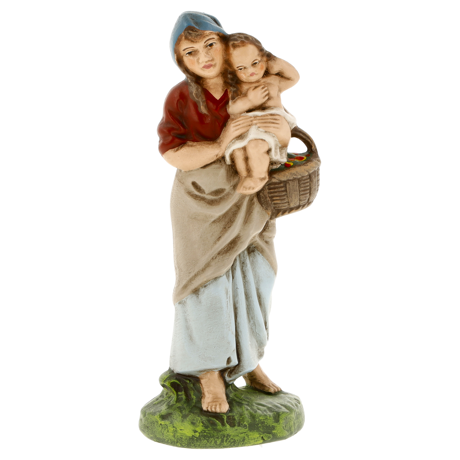 Handbemalte Krippenfigur: Frau mit Kind und Korb