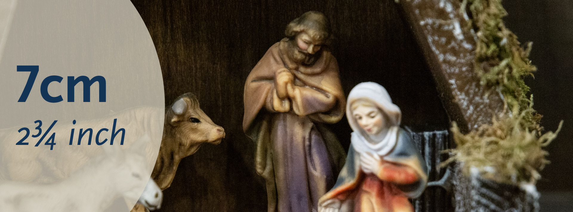 Krippe 7 cm: Heilige Familie mit Ochse im Stall