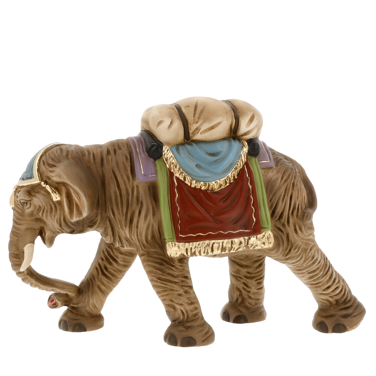 Elefant Figur mit Satteldecke und Gepäck, braun bunt