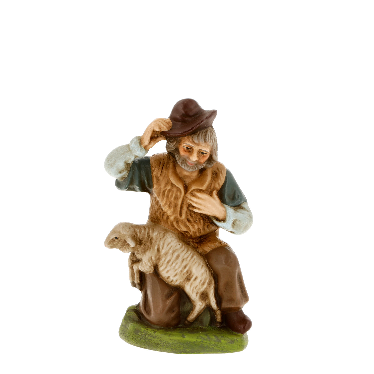 Hirte mit Schaf, sitzende Krippenfigur handbemalt