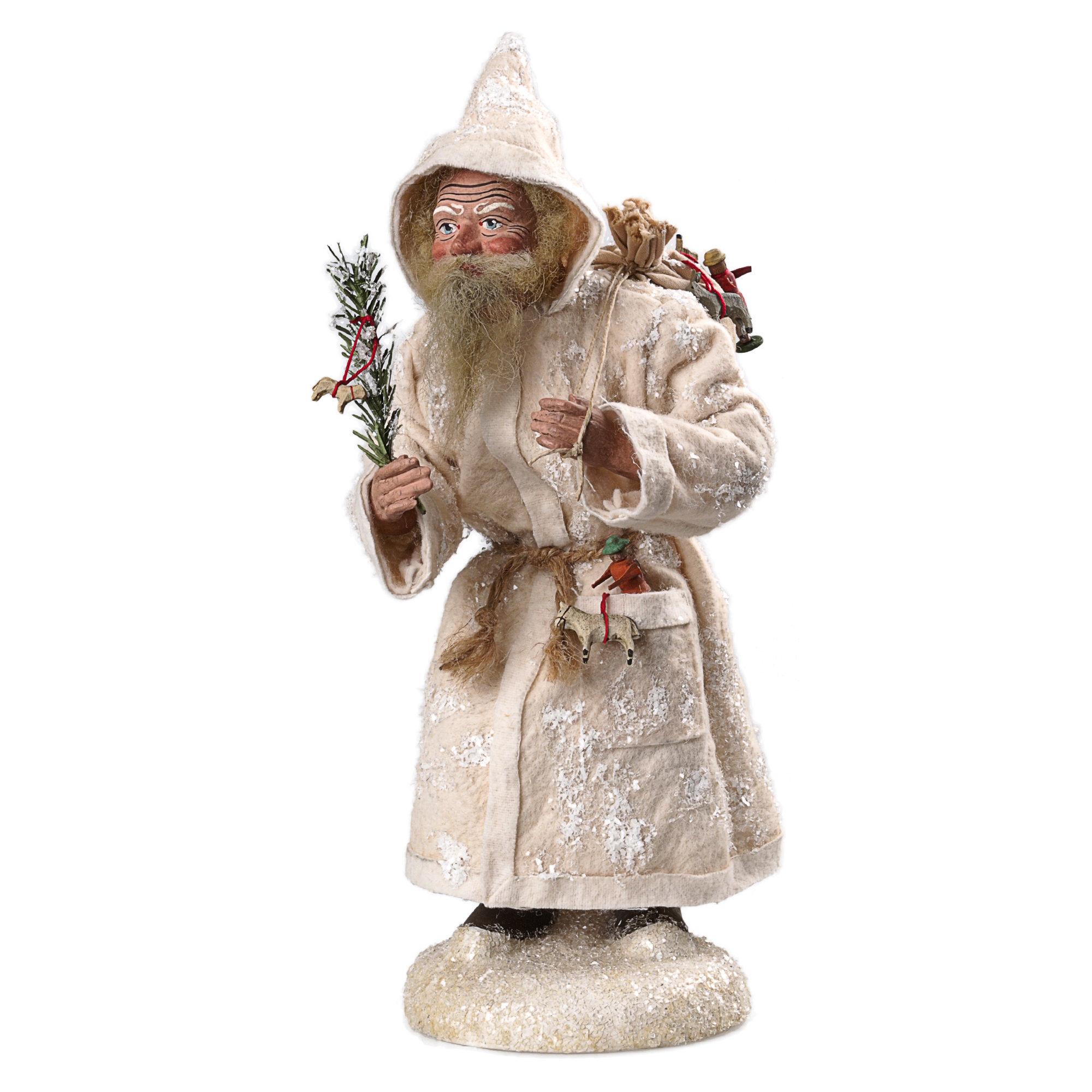 Weihnachtsmann-Figur in weißem Mantel, mit Zweig