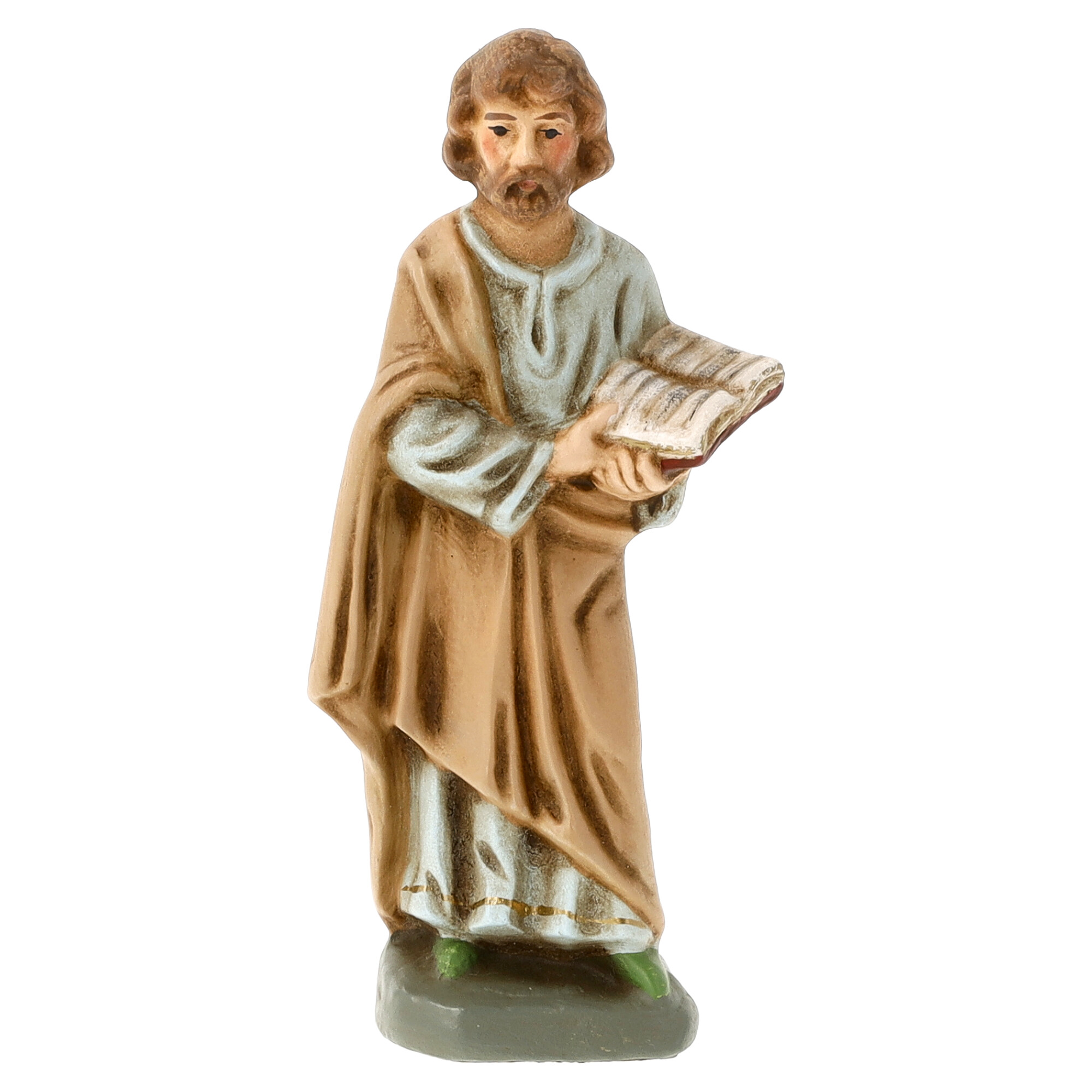 Krippenfigur Mann hält offenes Buch in brauner Robe