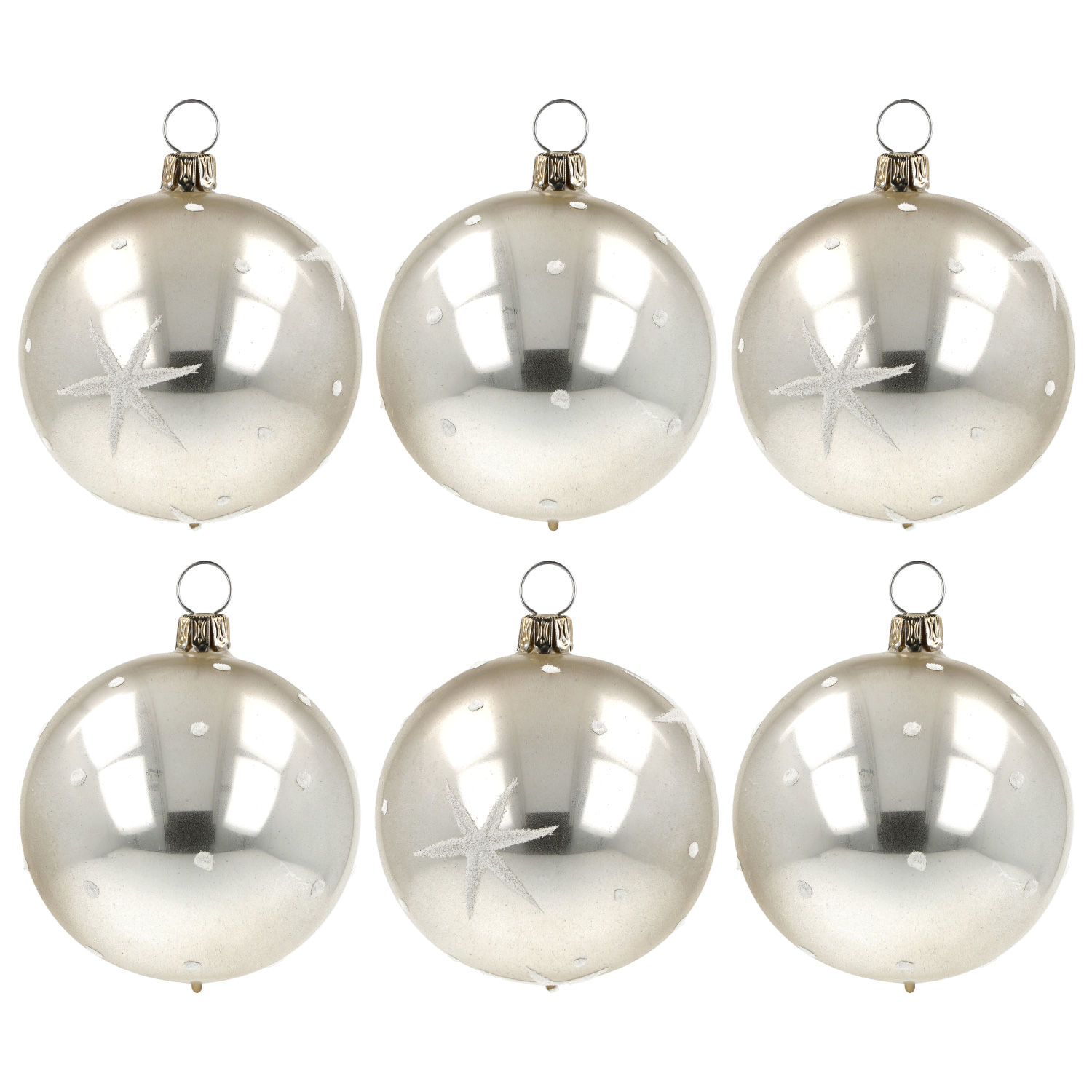 6 silberne Weihnachtskugeln aus Glas mit Stern-Dekor