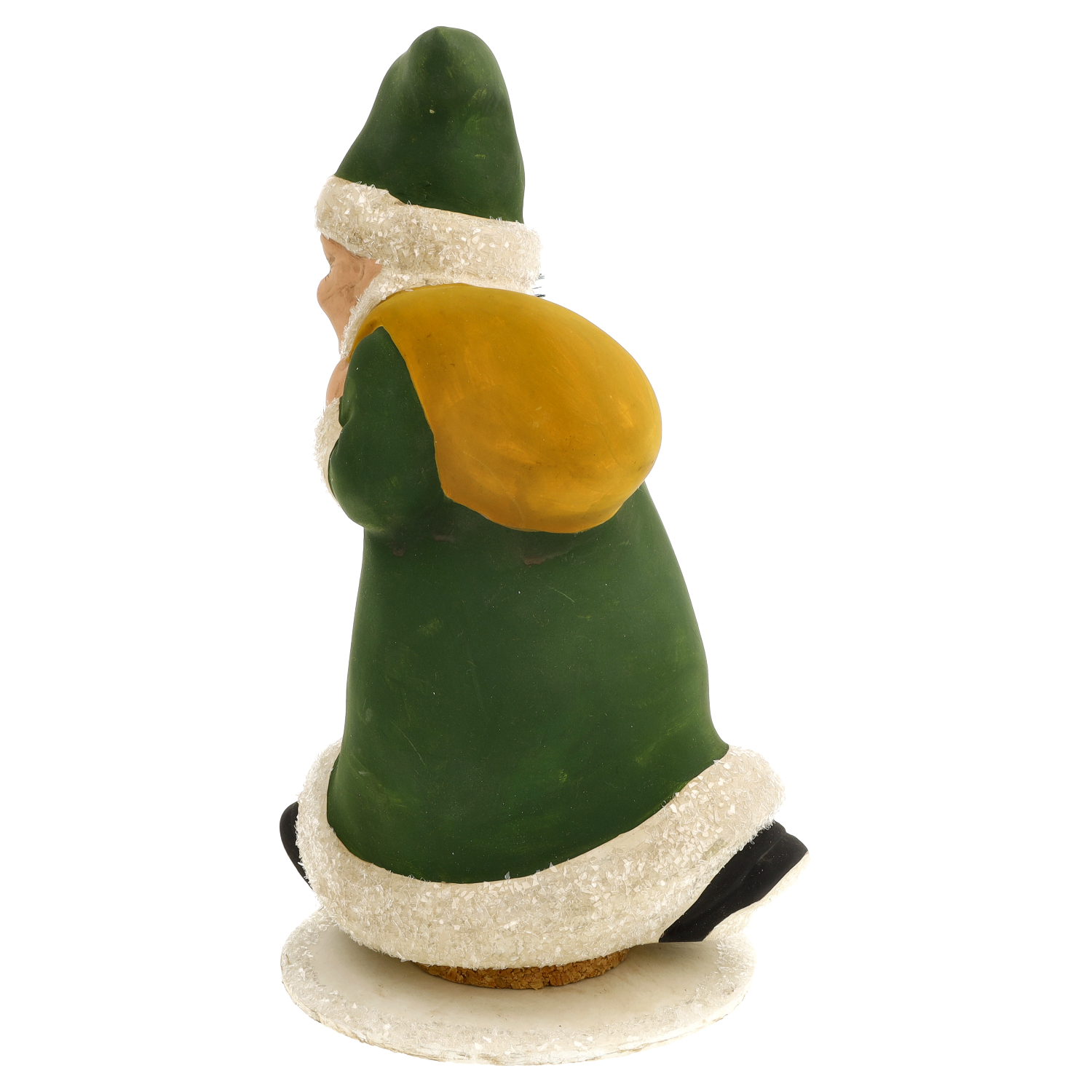Weihnachtsmann in Grün mit gelbem Sack auf Schneesockel