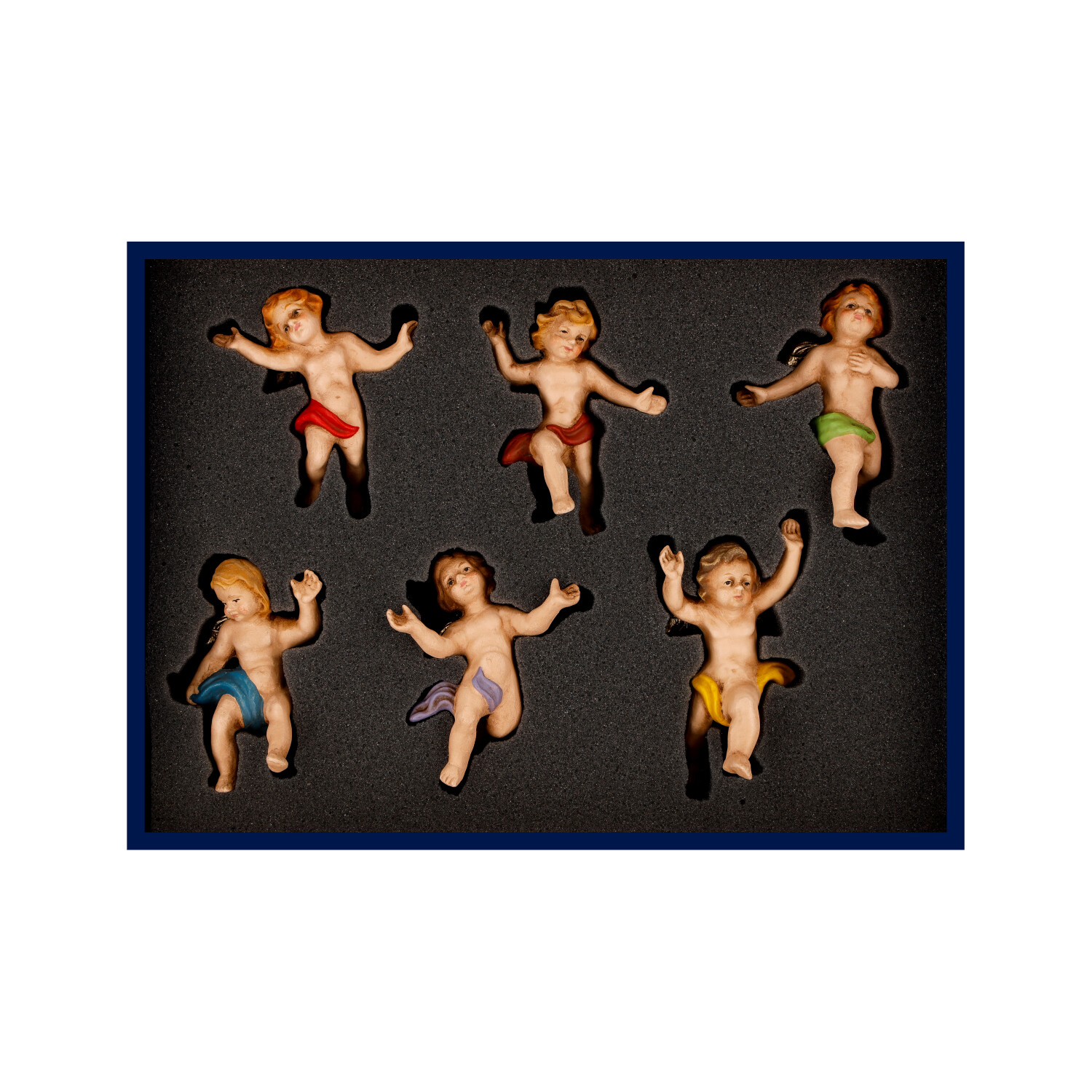 6 Puttenfiguren im Set, bemalt, verschiedene Farben