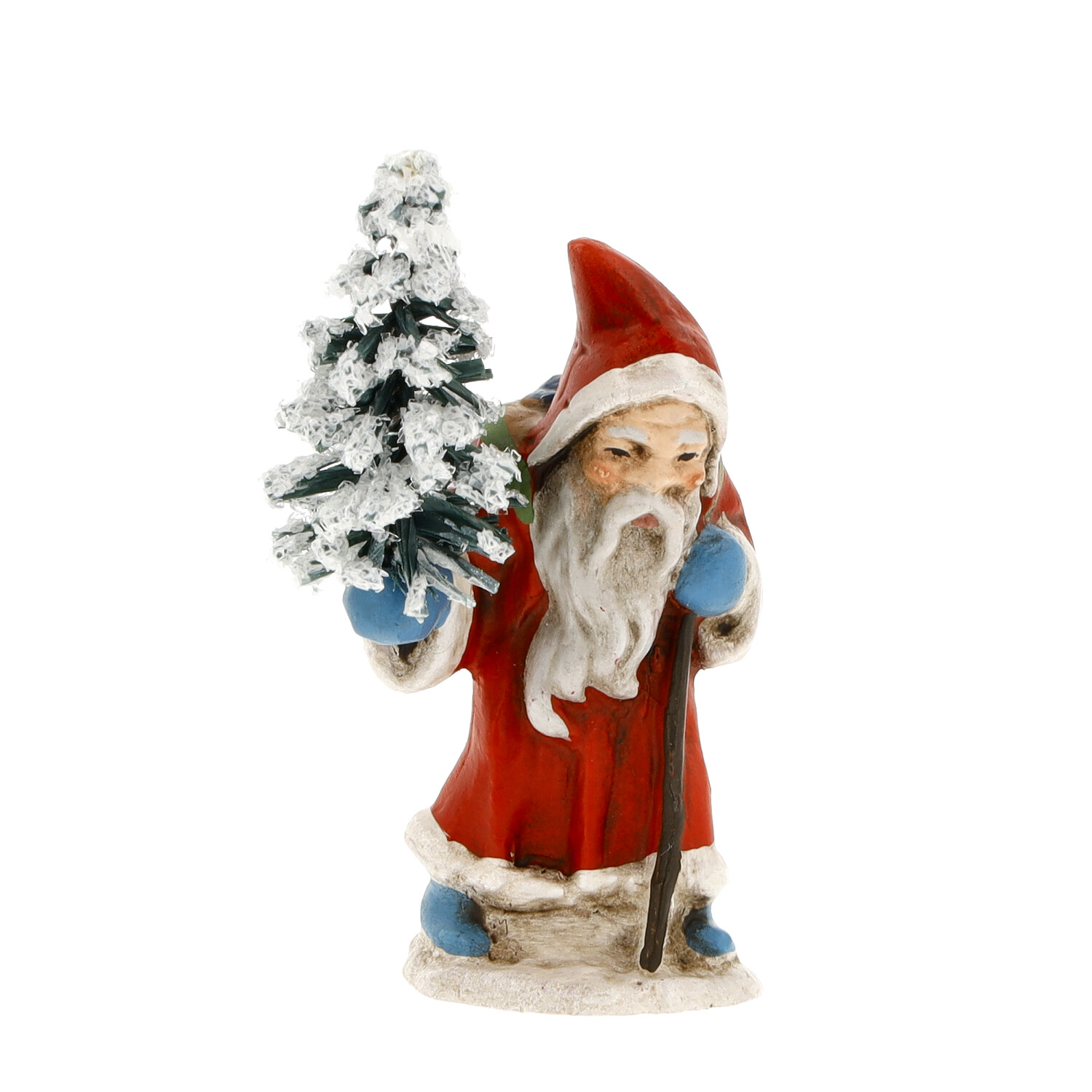 Weihnachtsmann-Dekofigur mit schneebedecktem Baum