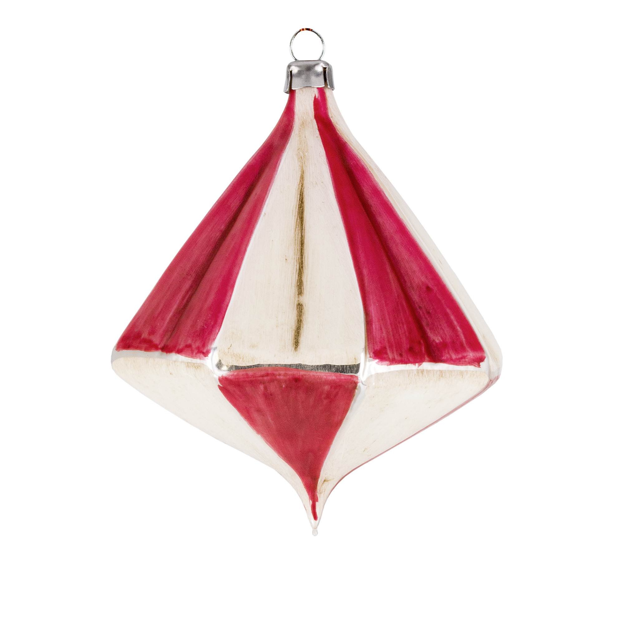 Glas-Weihnachtskugel rot-weiß in Diamantform, Vintage
