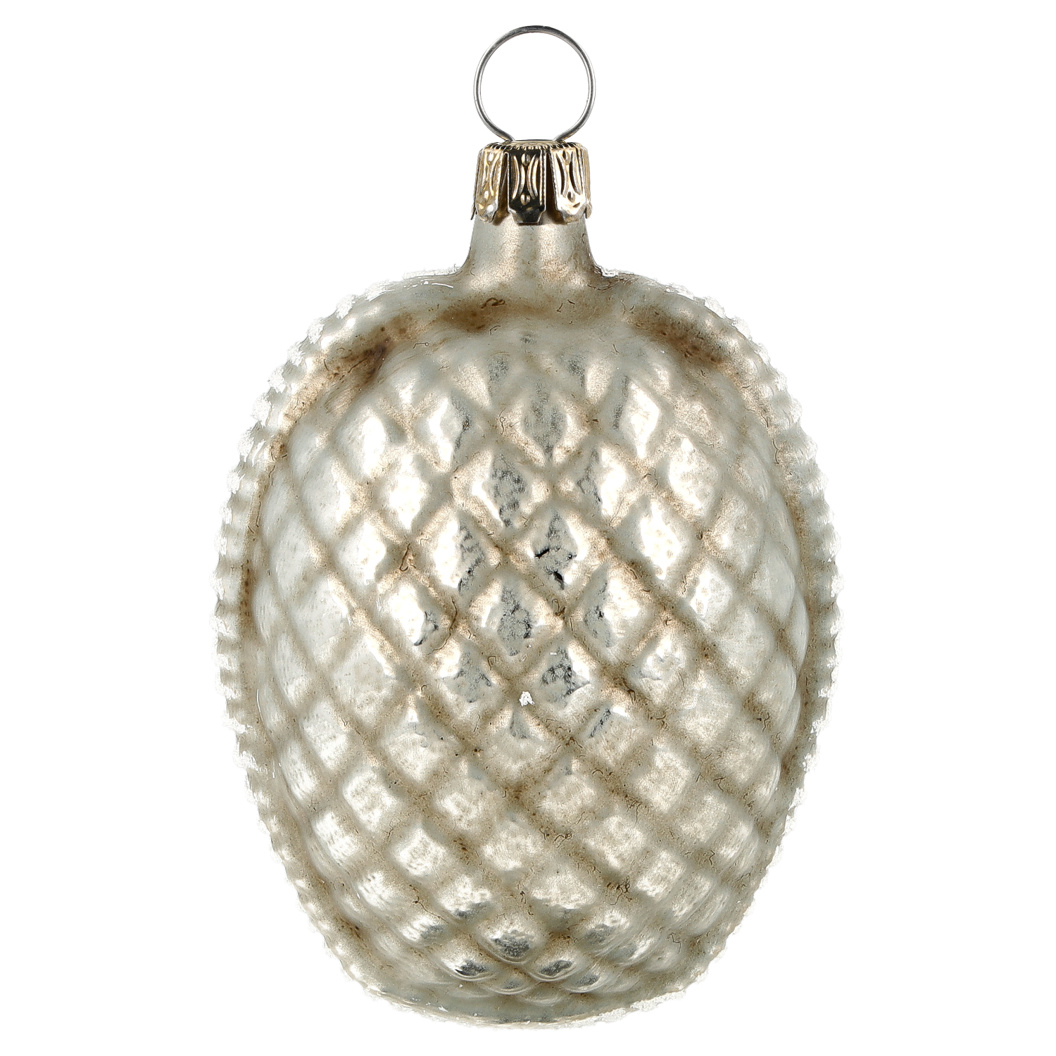 Silberne Glas-Christbaumkugel, antik, mit Rautenmuster