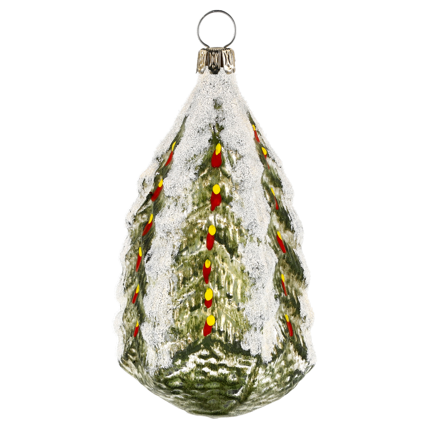 Baumschmuck aus Glas: Tannenbaum mit Schnee und Lichtern