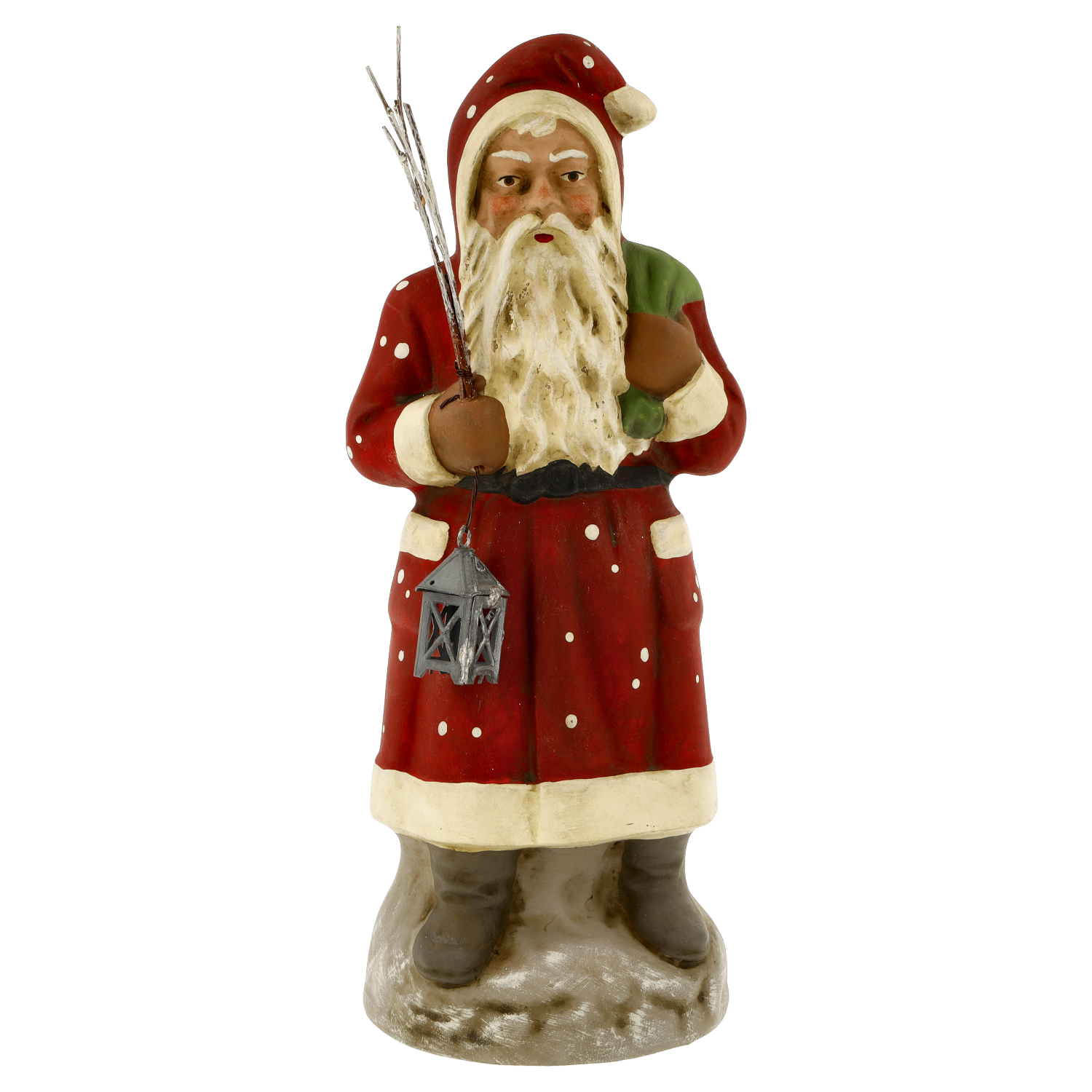 Nostalgische Weihnachtsmann-Figur mit Rute und Laterne