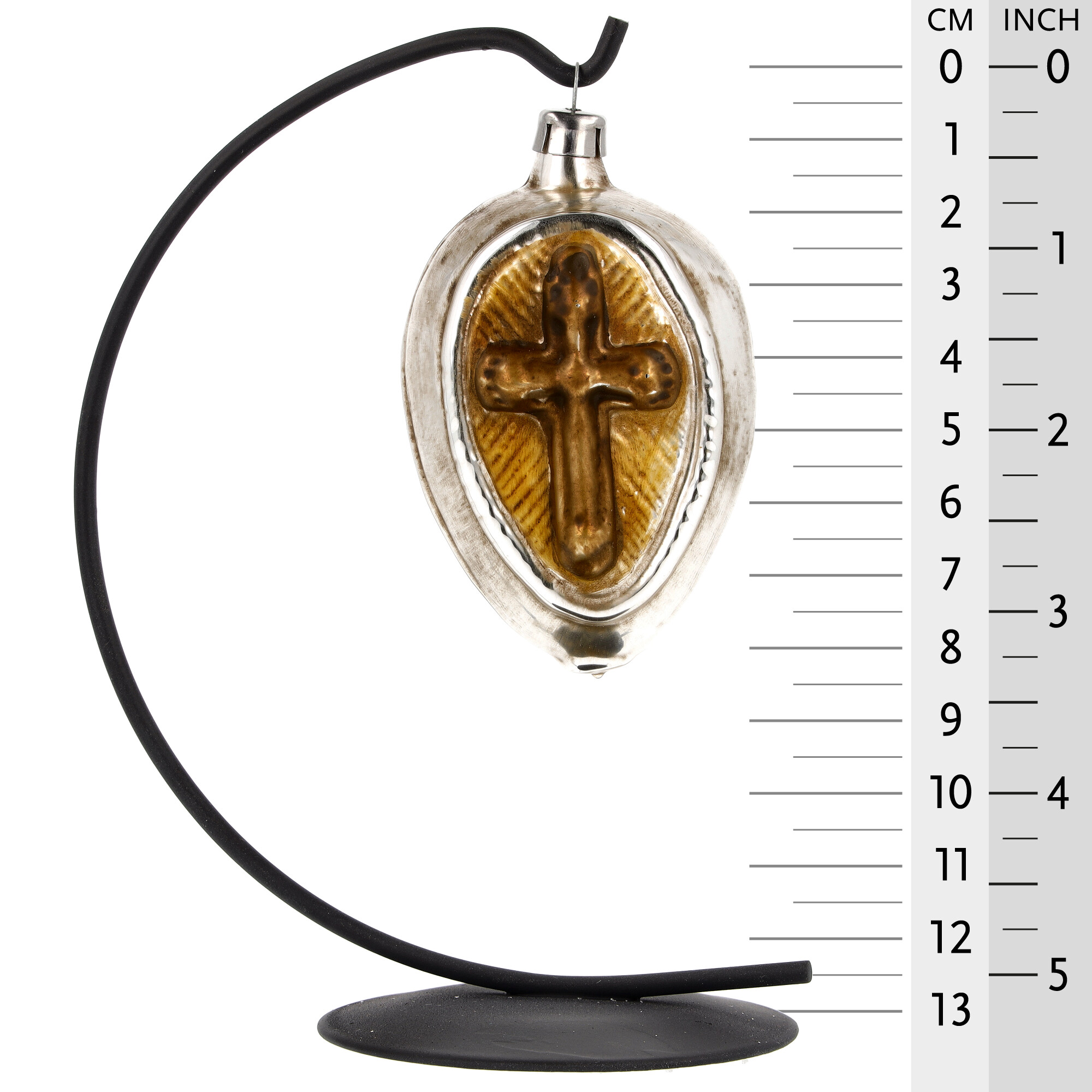 Ovaler Glas-Baumschmuck mit Kreuz, silber-gold, 12 cm