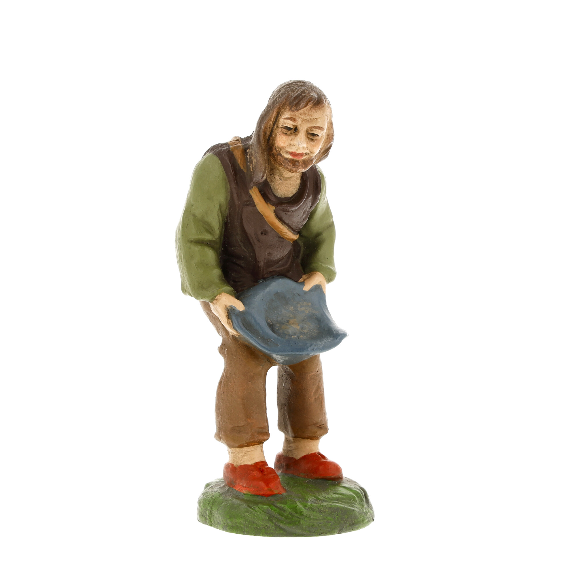 Figur eines Bettlers mit blauer Schale, handbemalt