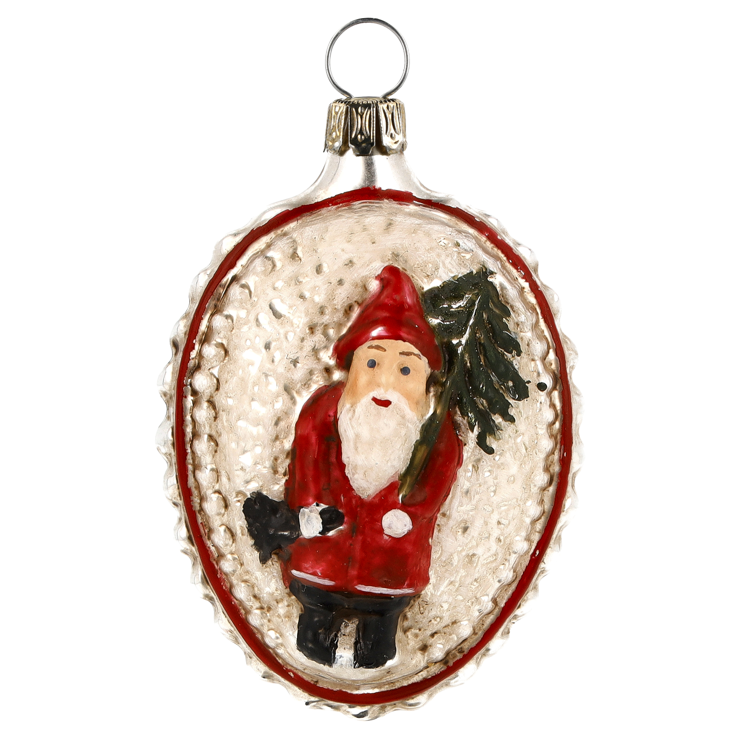 Vintage Glas-Christbaumkugel mit Weihnachtsmann im Relief