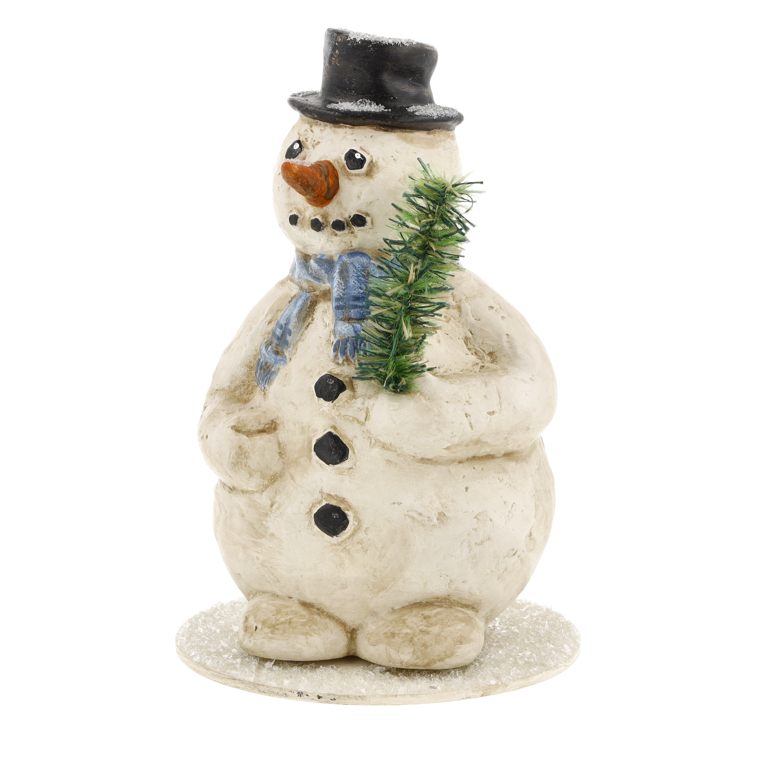 Schneemann Dekofigur mit Schal und Hut, hält Tannenzweig