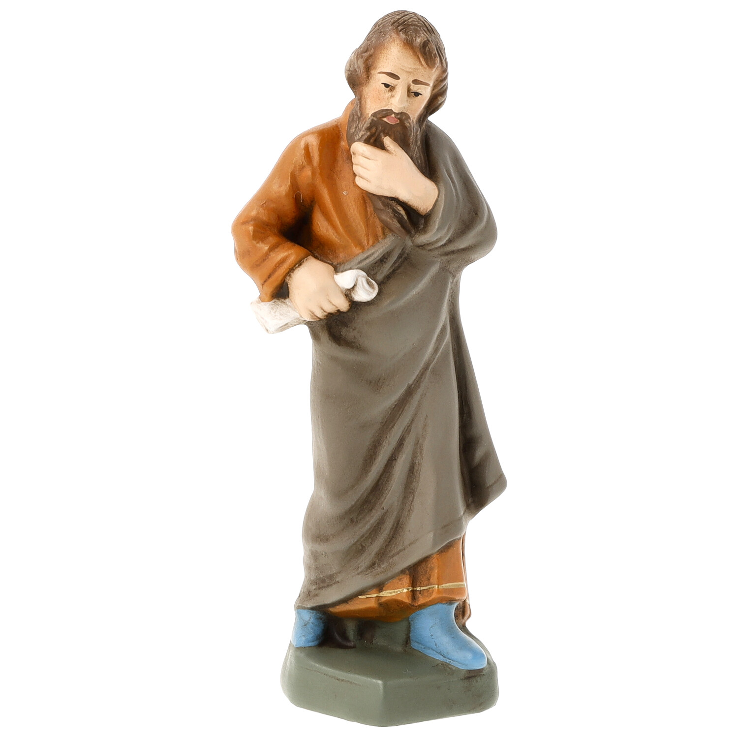 Handbemalte Krippenfigur, stehender Mann mit Schriftrolle