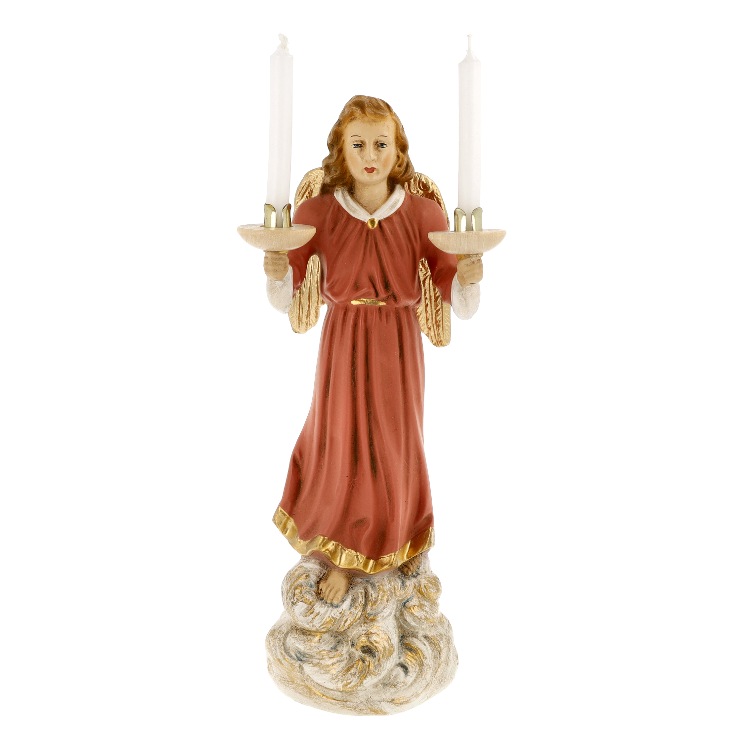 Engel-Figur als Kerzenhalter auf Wolke, zwei Kerzen