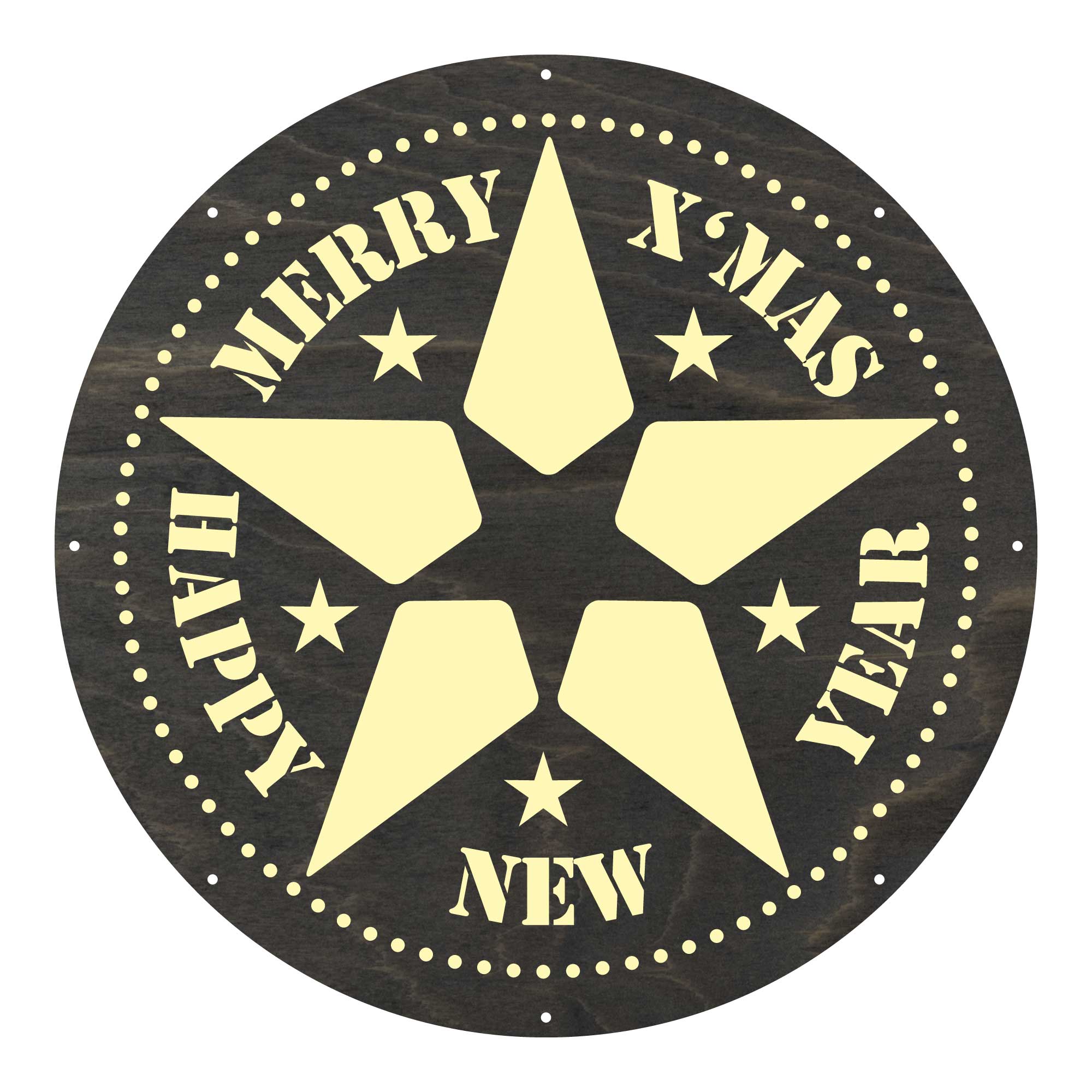 Runder Holzstern mit Merry X-Mas Happy New Year Schriftzug
