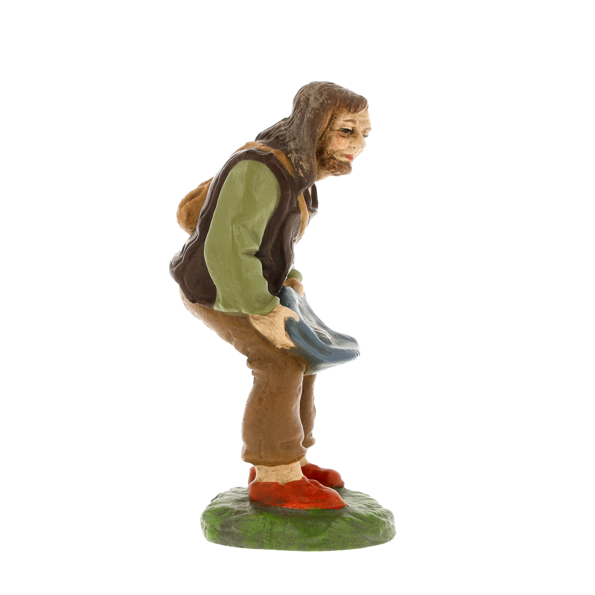 Handbemalte Krippenfigur: Mann beugt sich mit Hut