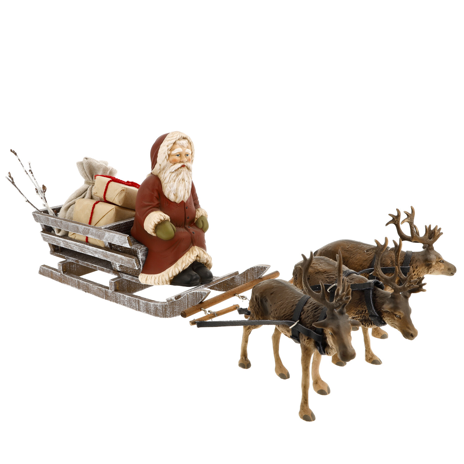 Deko Weihnachtsmann im Schlitten mit drei Rentieren