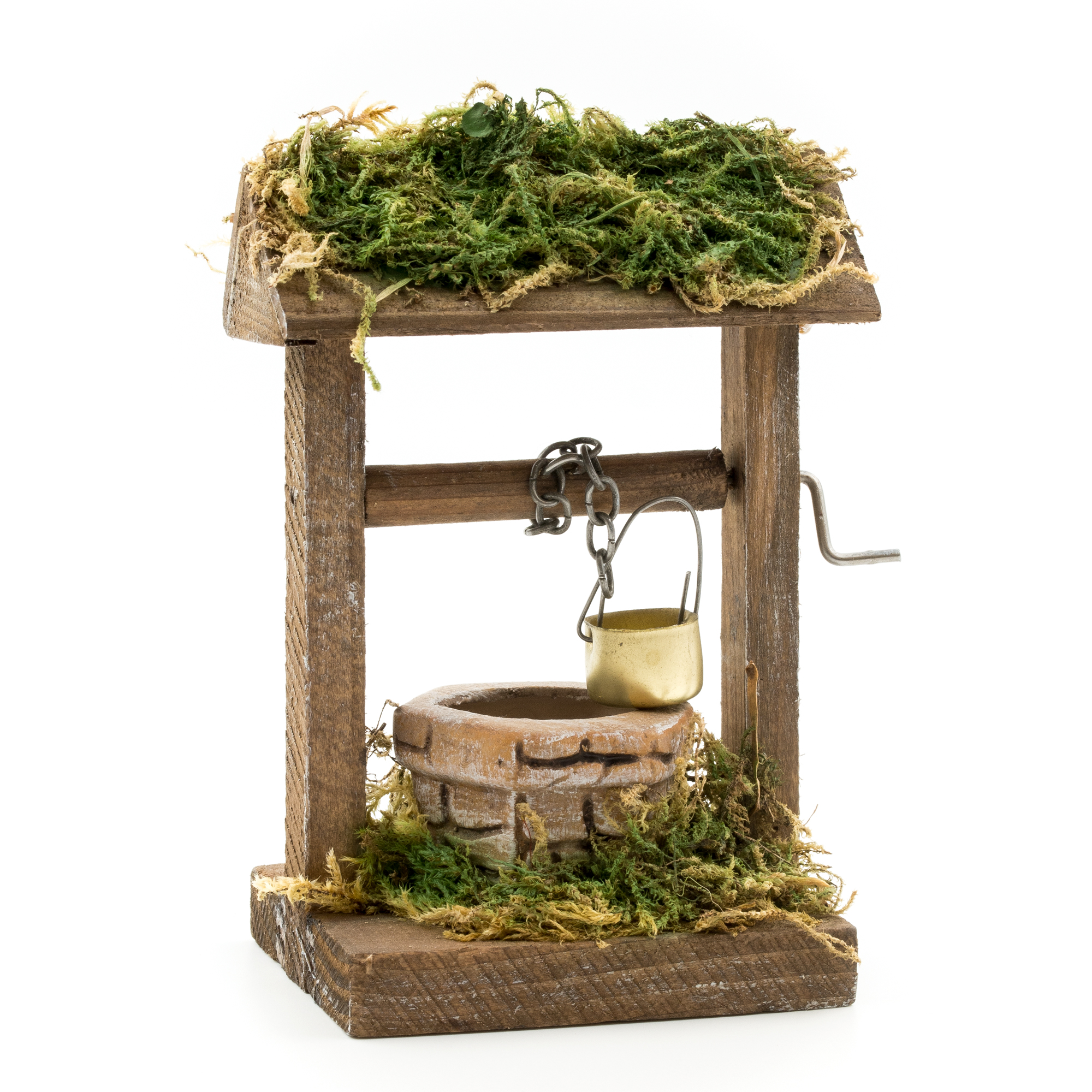 Miniatur-Holzbrunnen mit Moosdach und Eimer