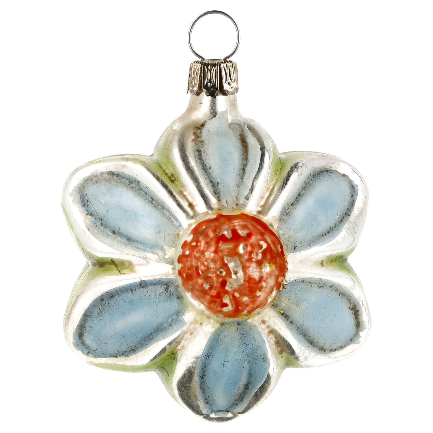 Glasanhänger Blume mit blauen Blütenblättern, orange Mitte