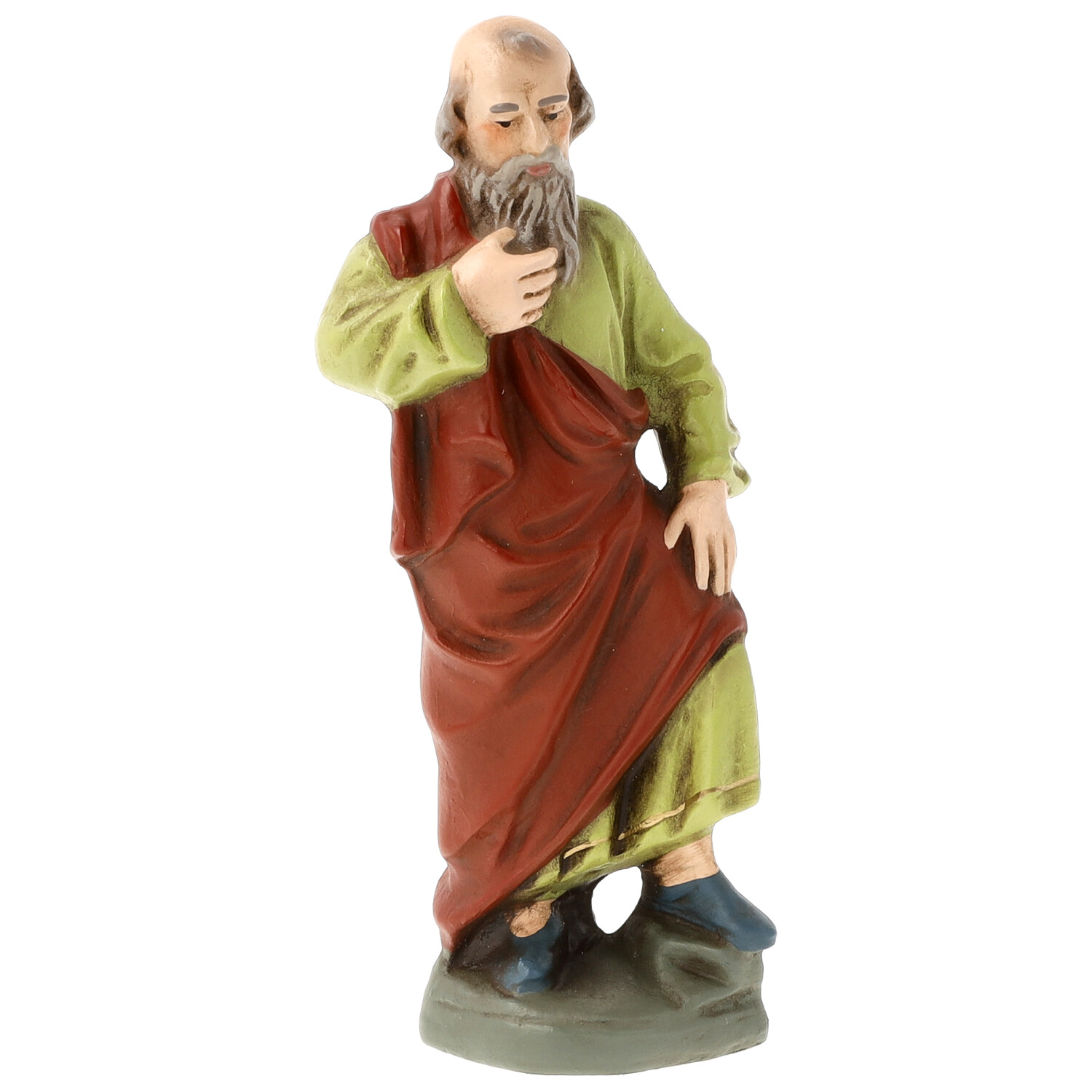 Krippenfigur Hirte, bemalte Statue mit rotem Mantel