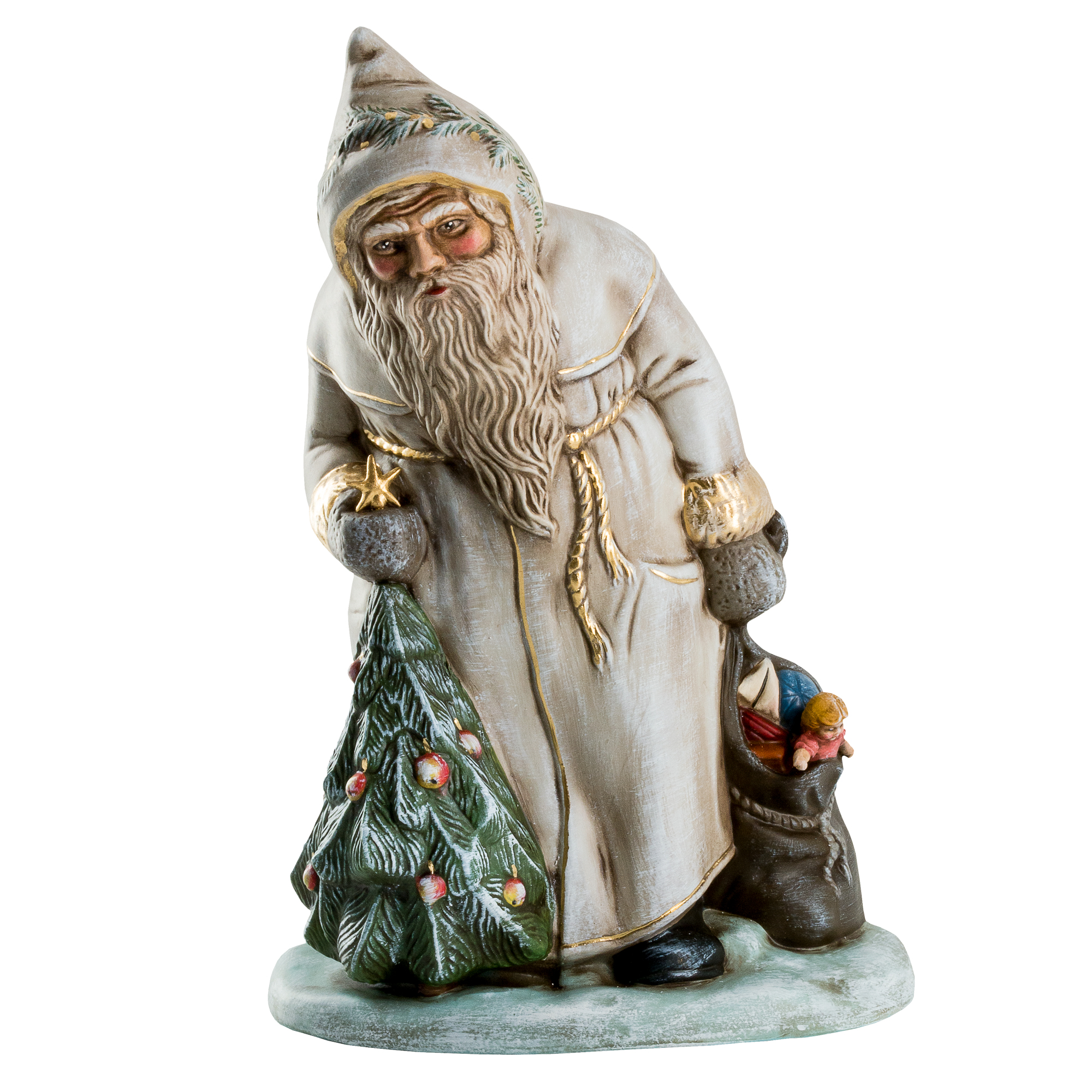 Dekofigur Weihnachtsmann mit Tannenbaum und Geschenksack