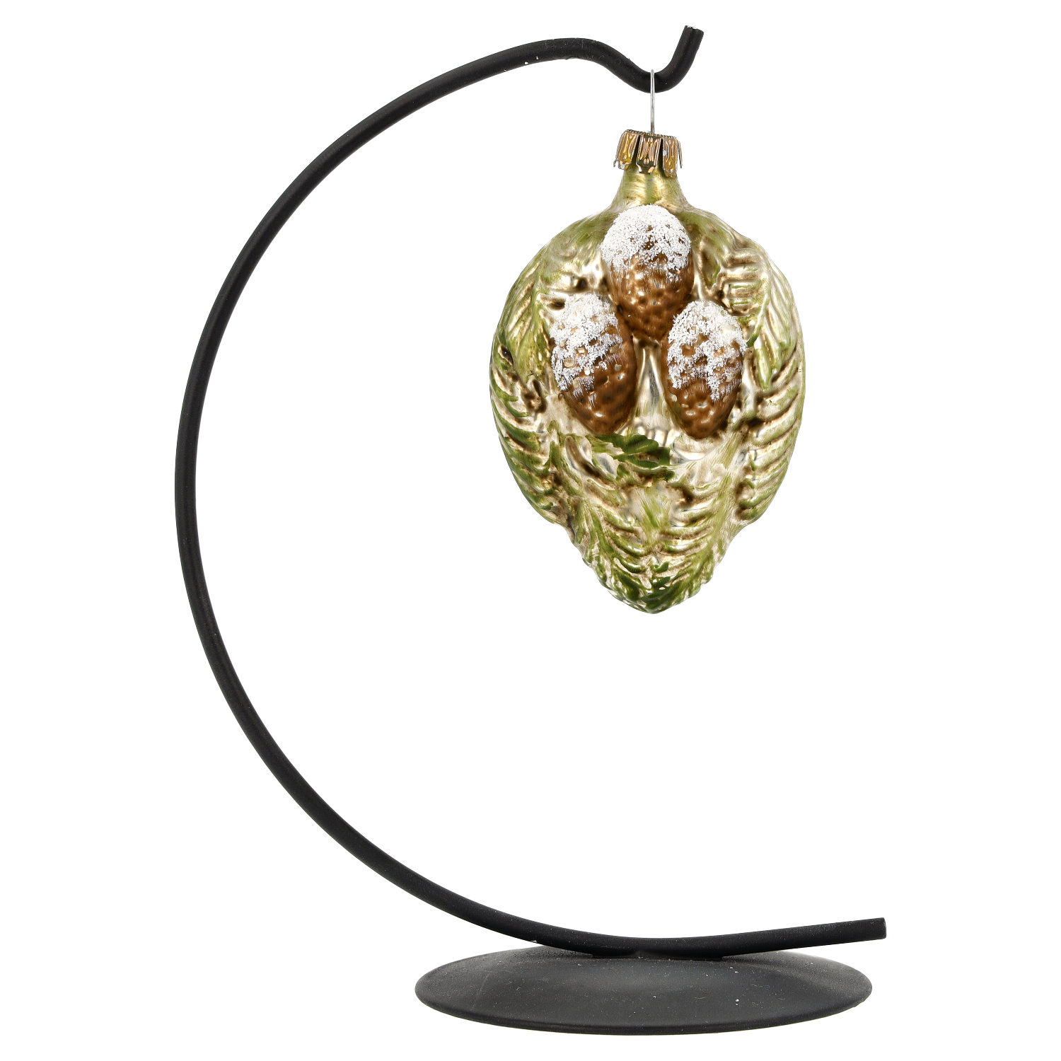 Weihnachtsornament aus Glas, Zapfen mit Schnee, gold-grün