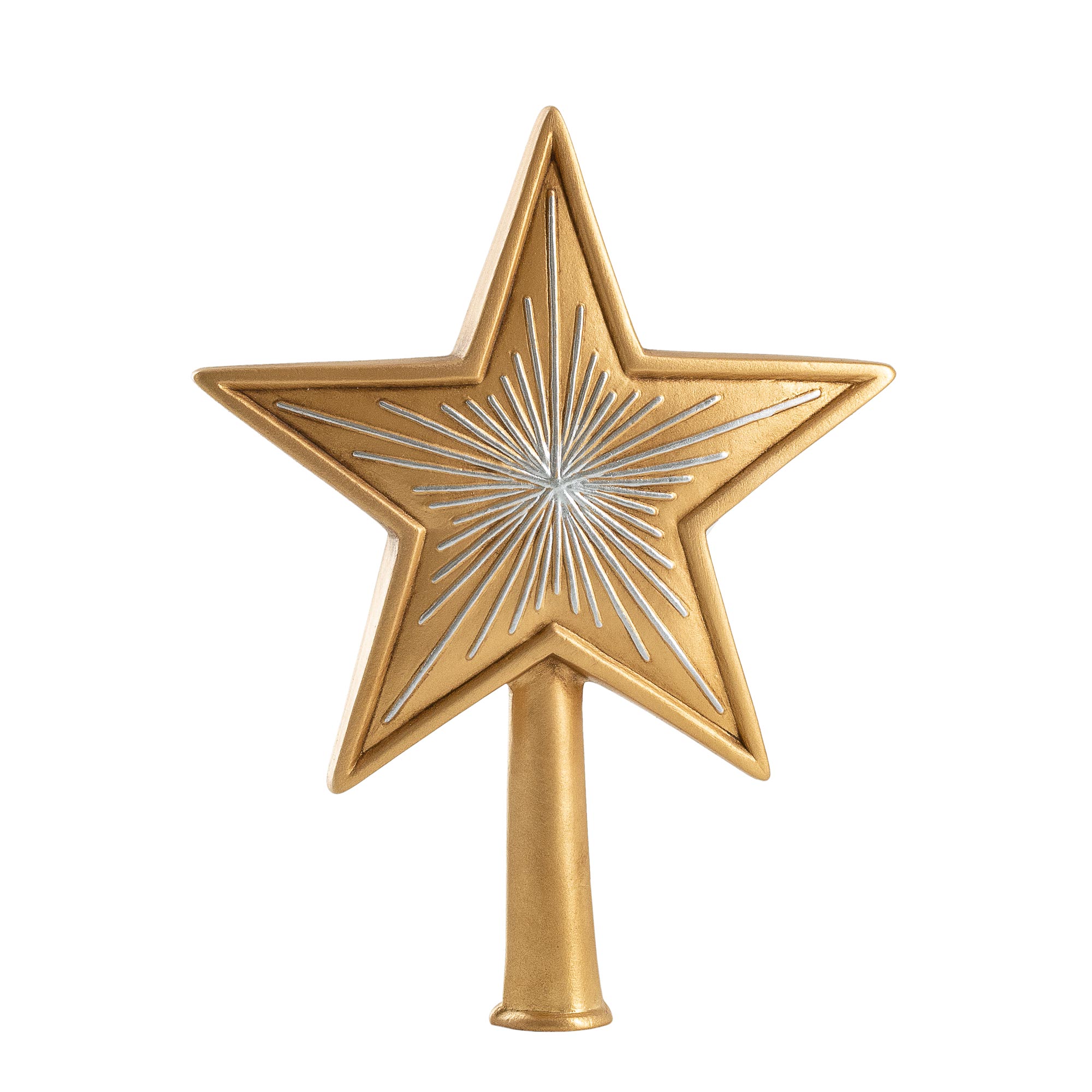 Goldene Baumspitze in Sternform mit silberner Strahlenoptik
