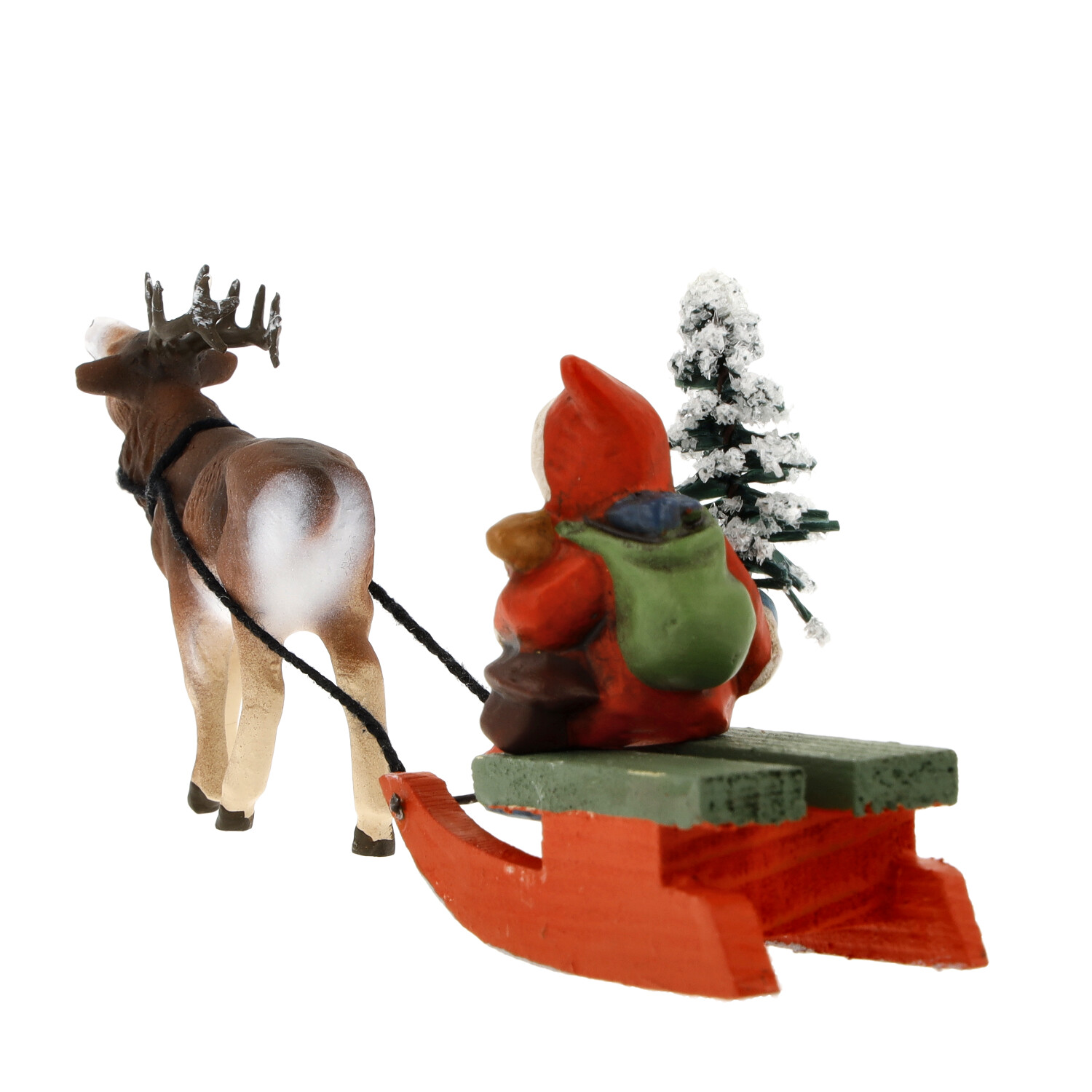 Weihnachtsfigur Wichtel auf Schlitten mit Rentier