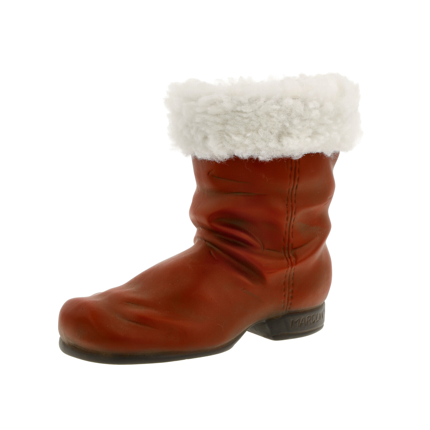 Roter Deko-Stiefel mit weißem Plüschrand, freigestellt
