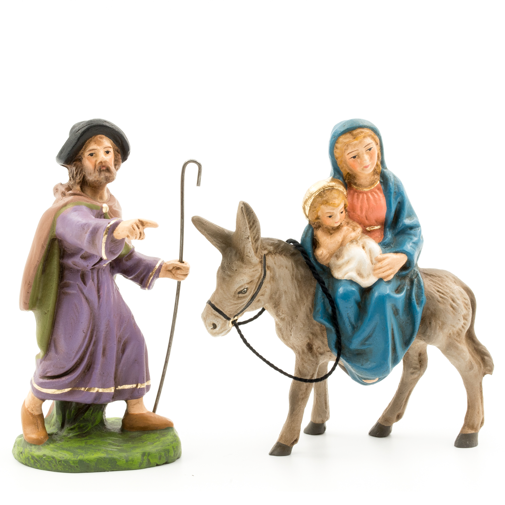 Krippenfiguren: Maria mit Kind auf Esel, Josef daneben