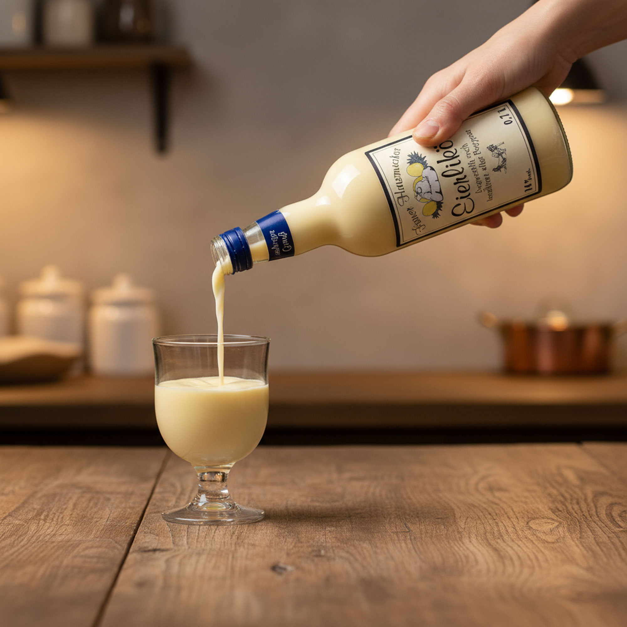 Flasche Eierlikör, frisch ins Glas eingeschenkt