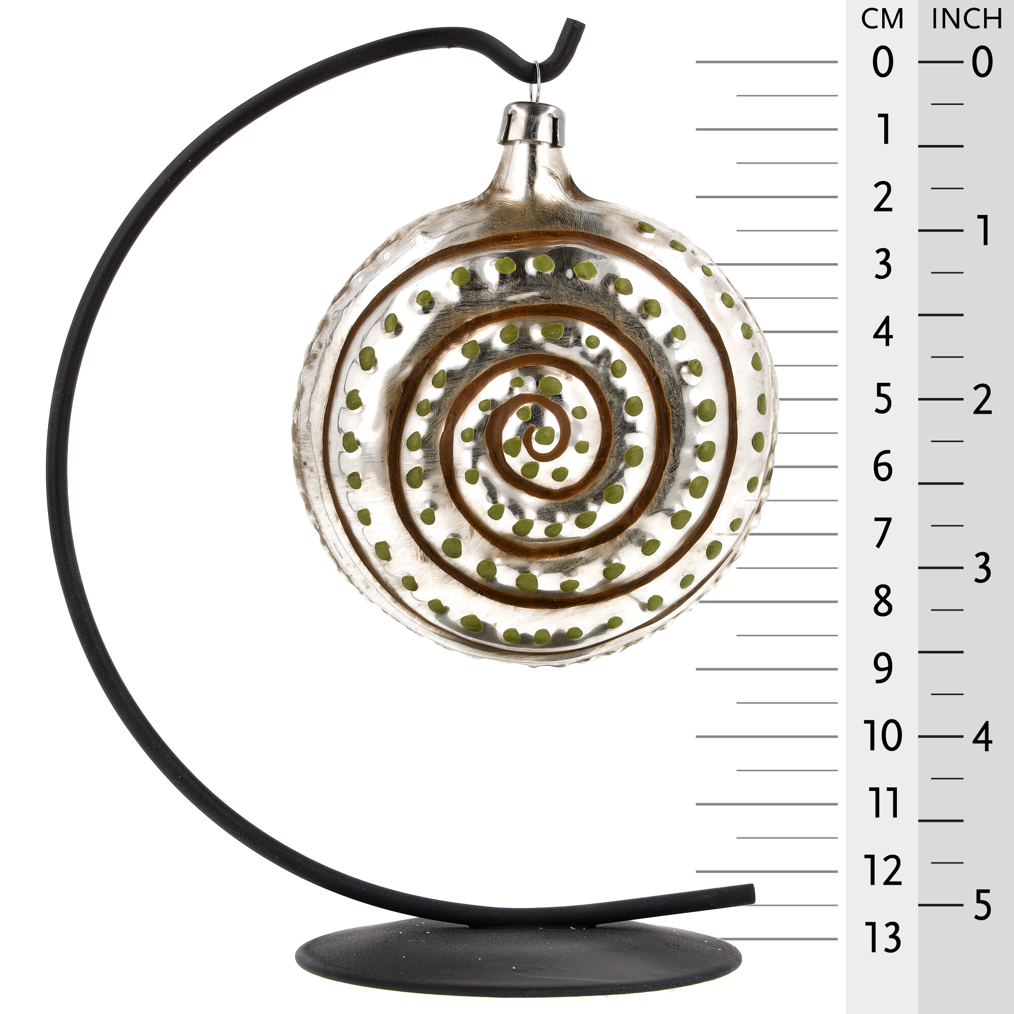 Rundes Glasornament mit Spirale, grüne Punkte, Metallständer