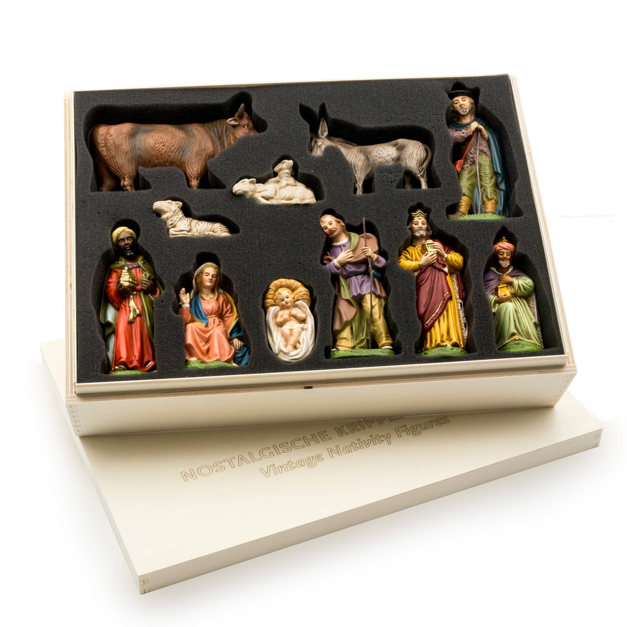 Weihnachtskrippen-Figuren in Box, Maria, Josef, Tiere