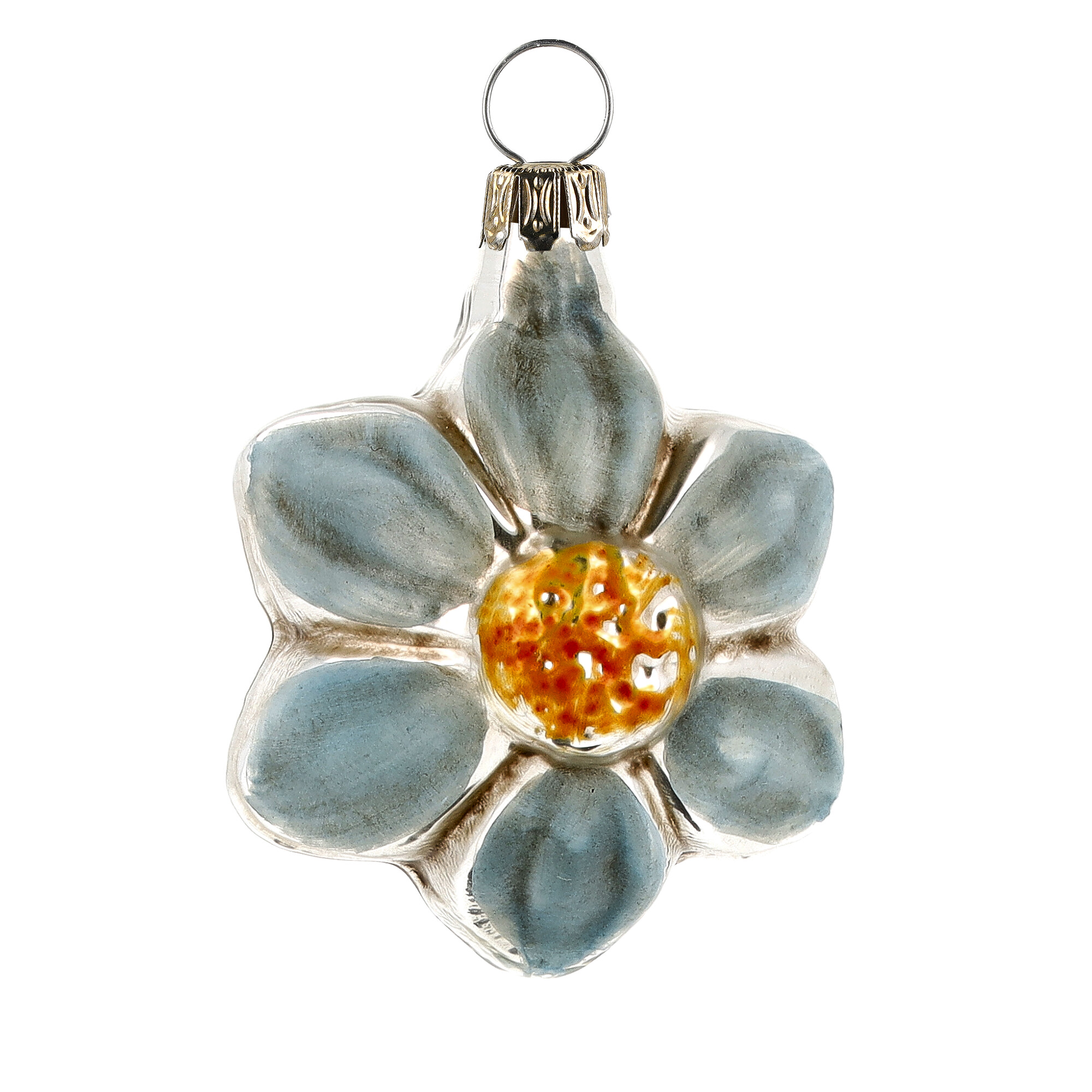 Blumen-Ornament aus Glas, silberblau, gelbe Mitte