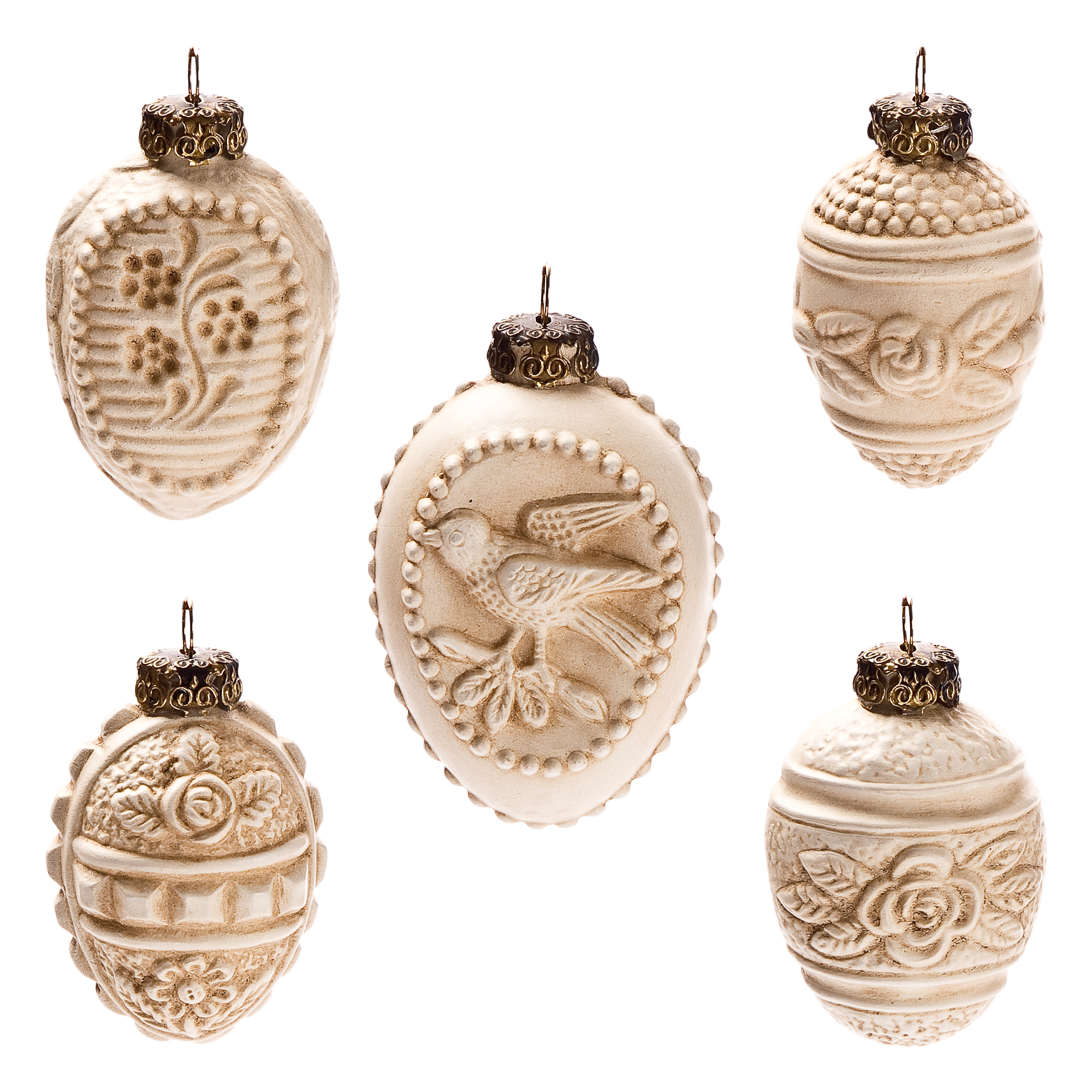 Set aus 5 eiförmigen Anhängern mit Vogel- und Blumenrelief