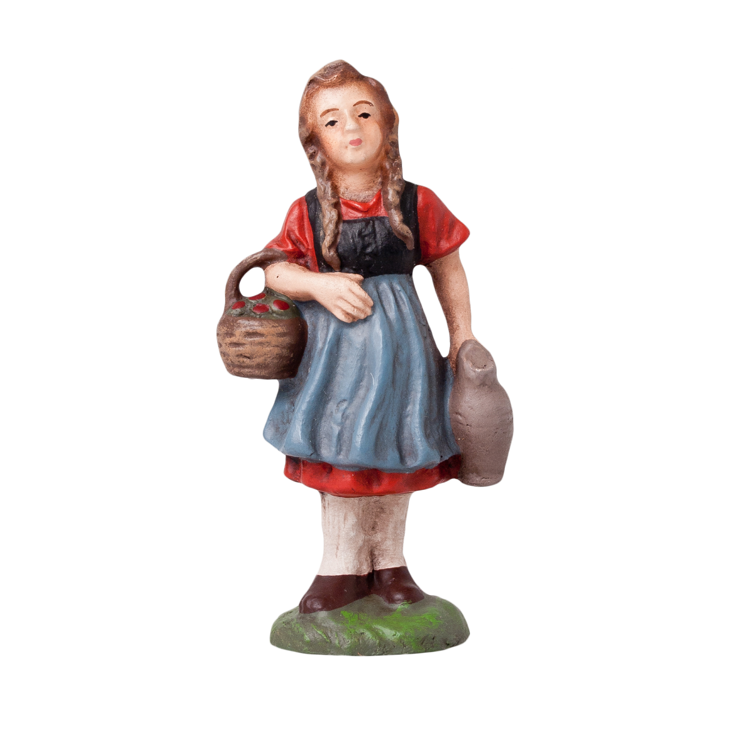 Handbemalte Mädchenfigur mit Apfelkorb und Krug