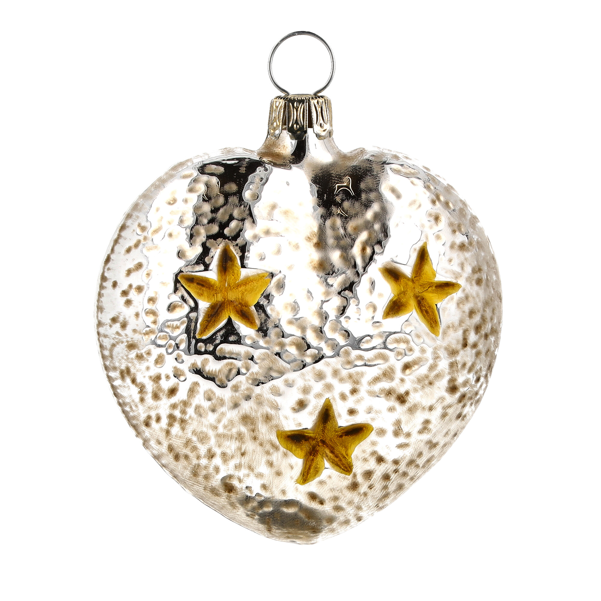 Herzförmige Glas-Weihnachtskugel mit goldenen Sternen