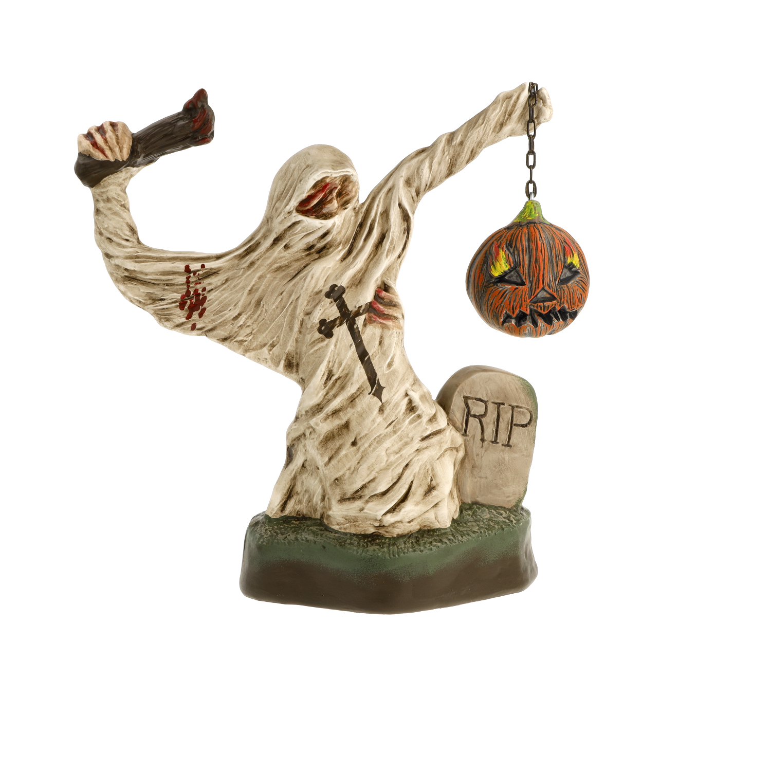 Gruselige Halloween-Figur: Geist mit Kürbis an Kette, Grab