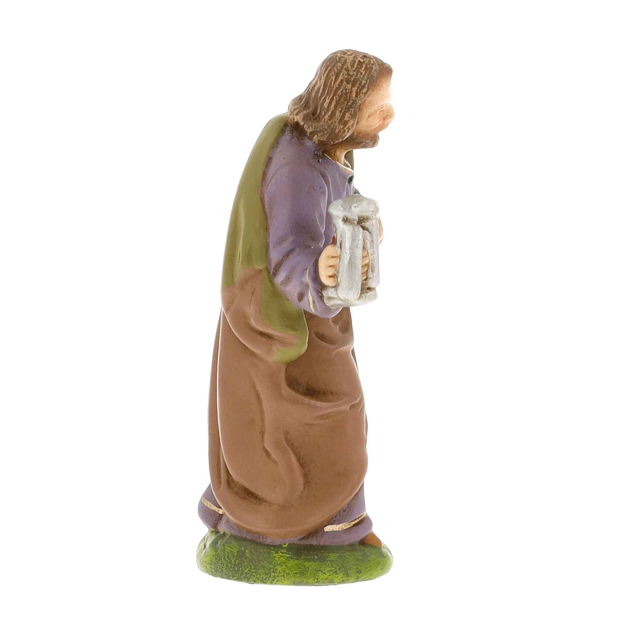 Handbemalte Krippenfigur mit Laterne, seitliche Ansicht