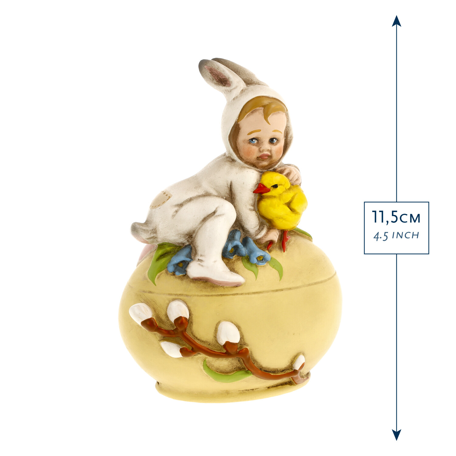Osterfigur: Kind im Hasenkostüm mit Küken auf Ei, 11,5 cm
