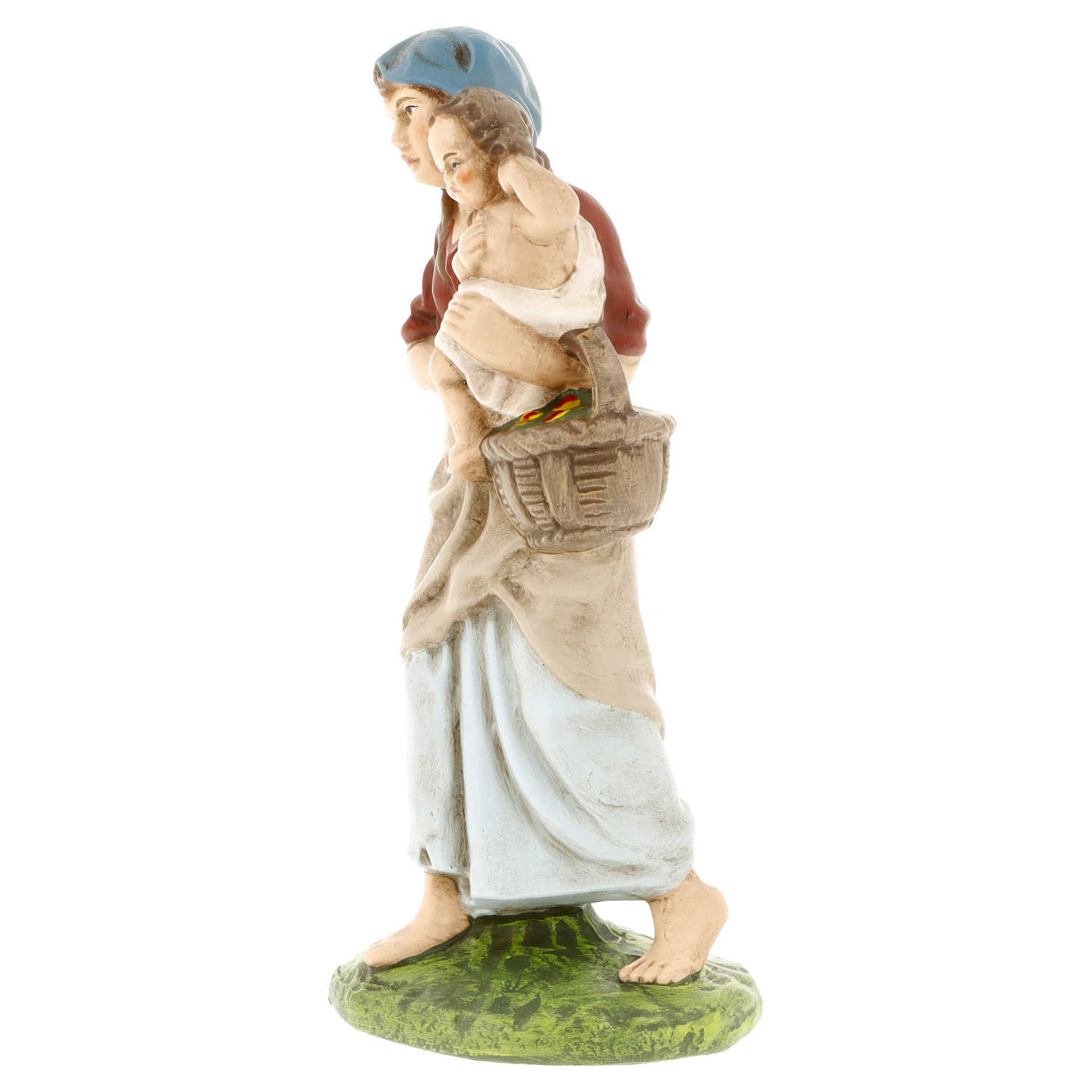 Figur: Frau trägt Kind und Korb, für Weihnachtskrippe