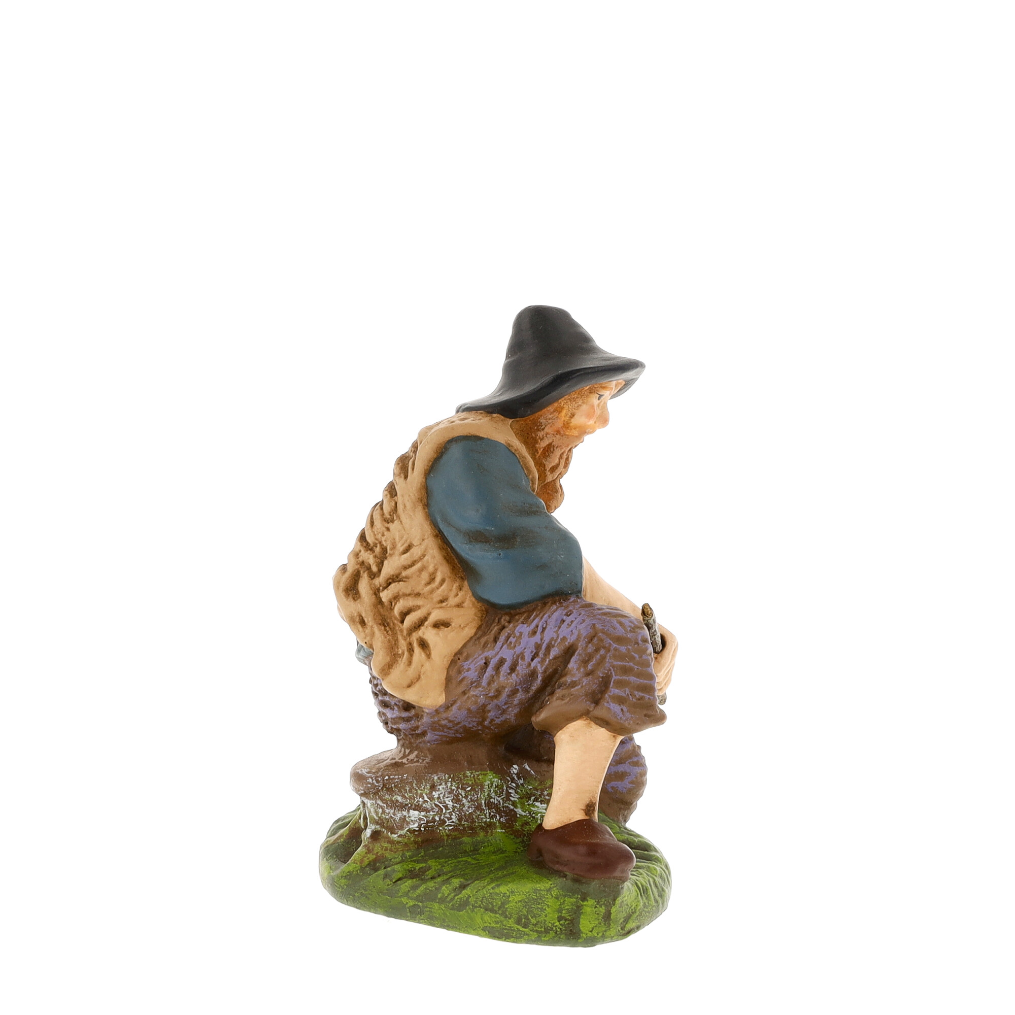 Sitzender Hirte mit Hut auf Sockel, handbemalt
