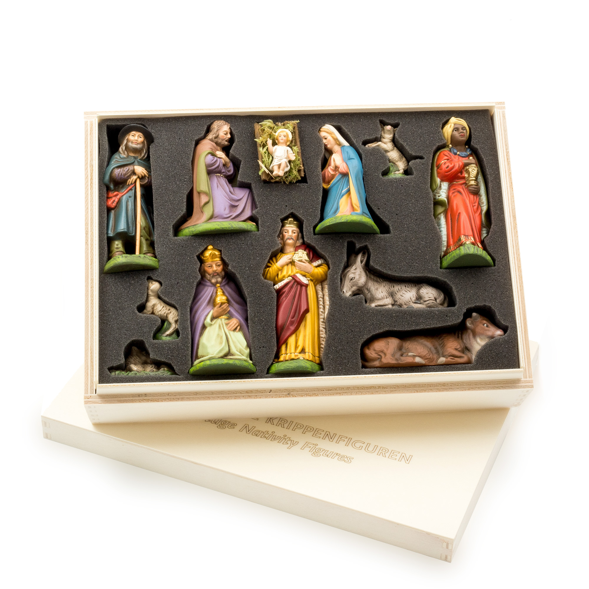 Krippenfiguren-Set in Holzbox mit Schaumstoffeinlage