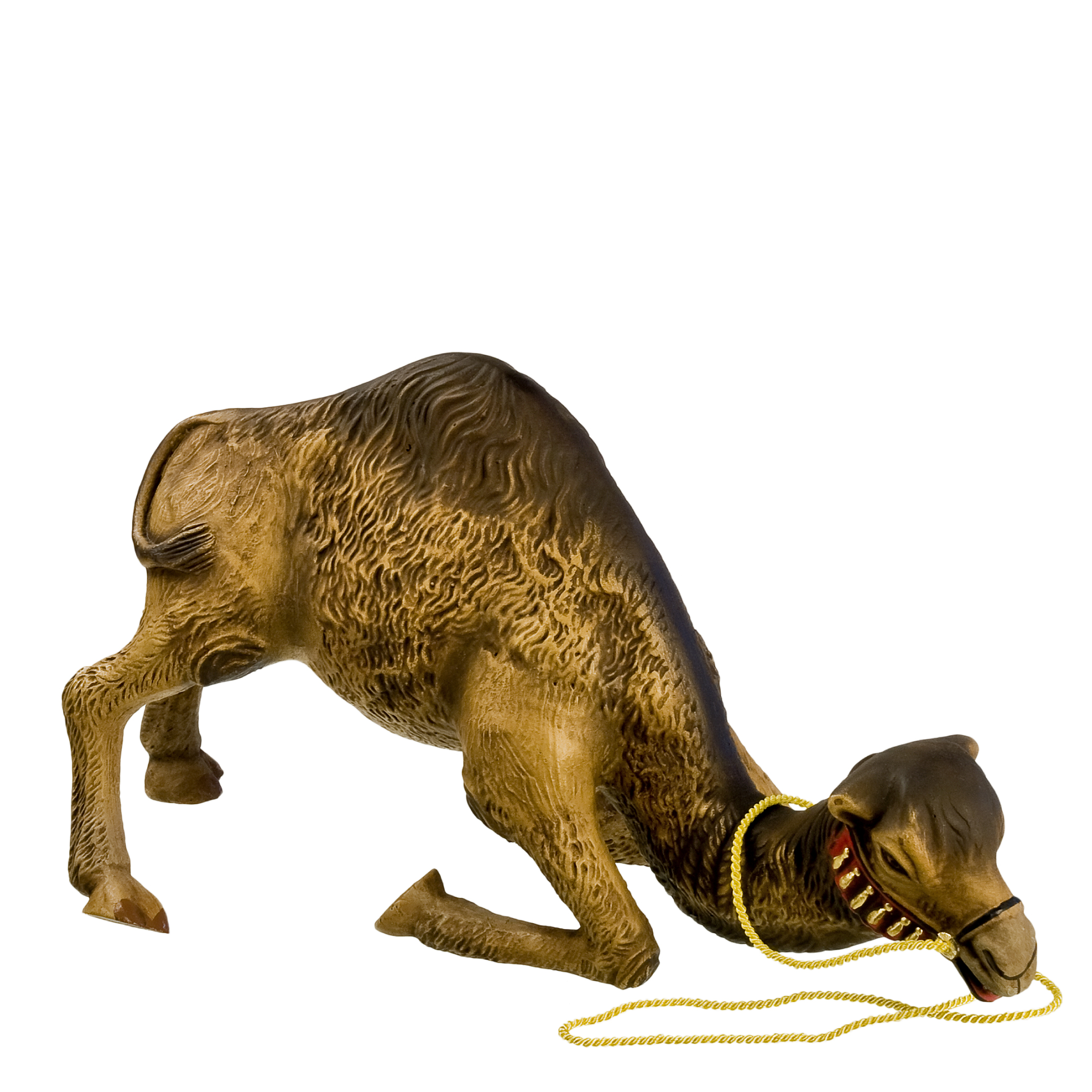 Kniendes Kamel als Krippenfigur mit goldener Kordel