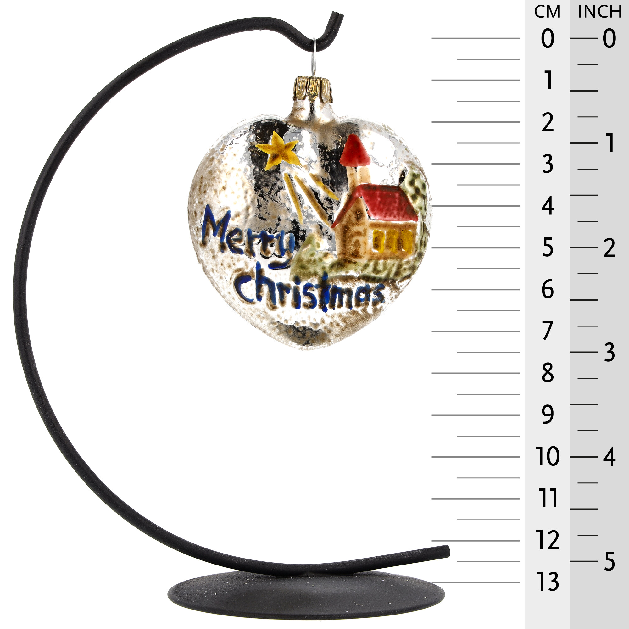Nostalgisches Glasornament - Herz mit Kirche und Sternen rotes Dach