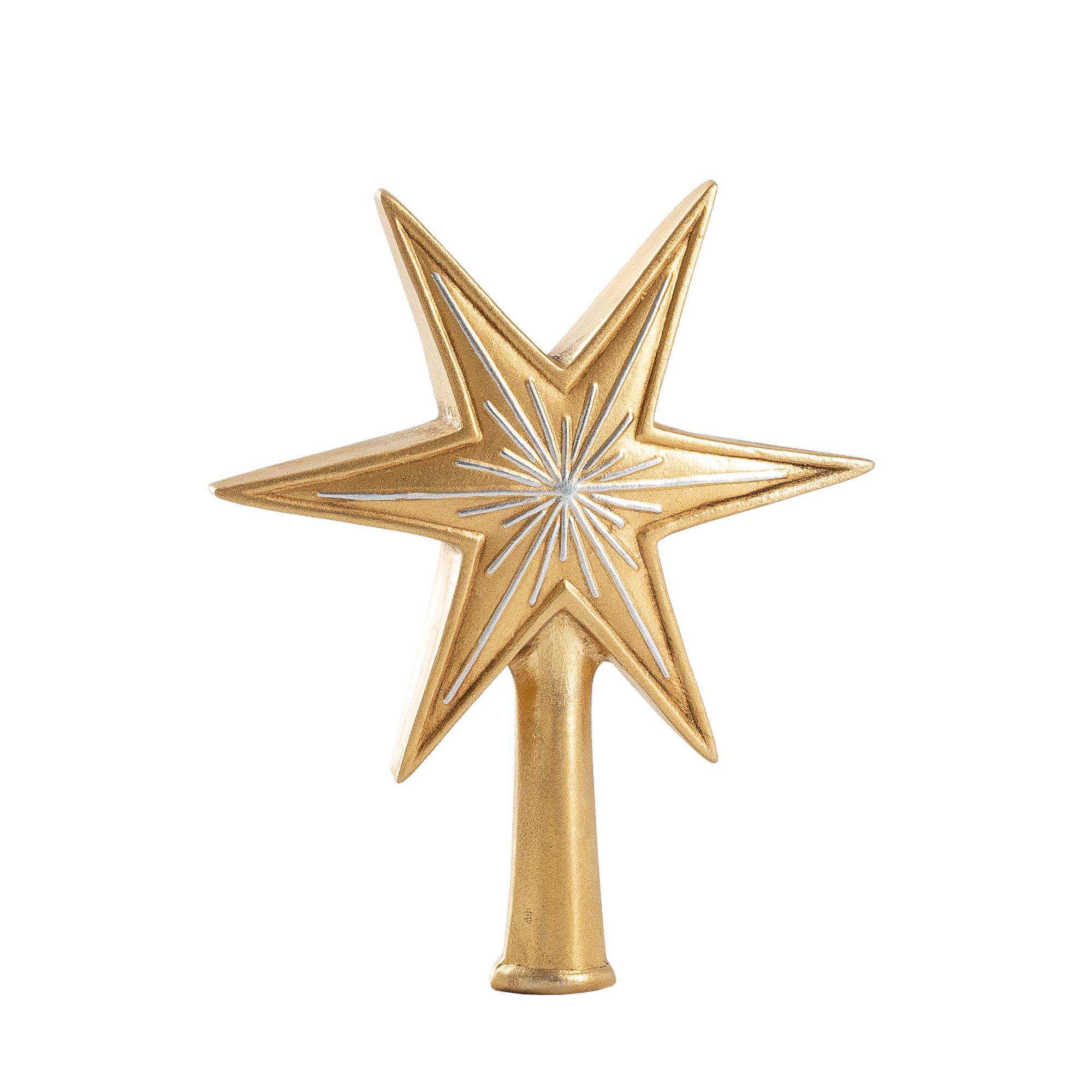 Goldene Weihnachtsbaumspitze in Sternform, silberne Details