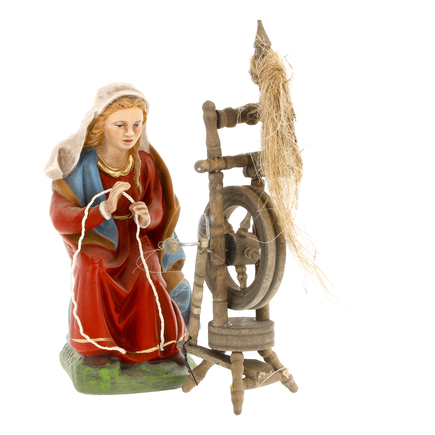 Kniende Spinnerin am Spinnrad als Krippenfigur